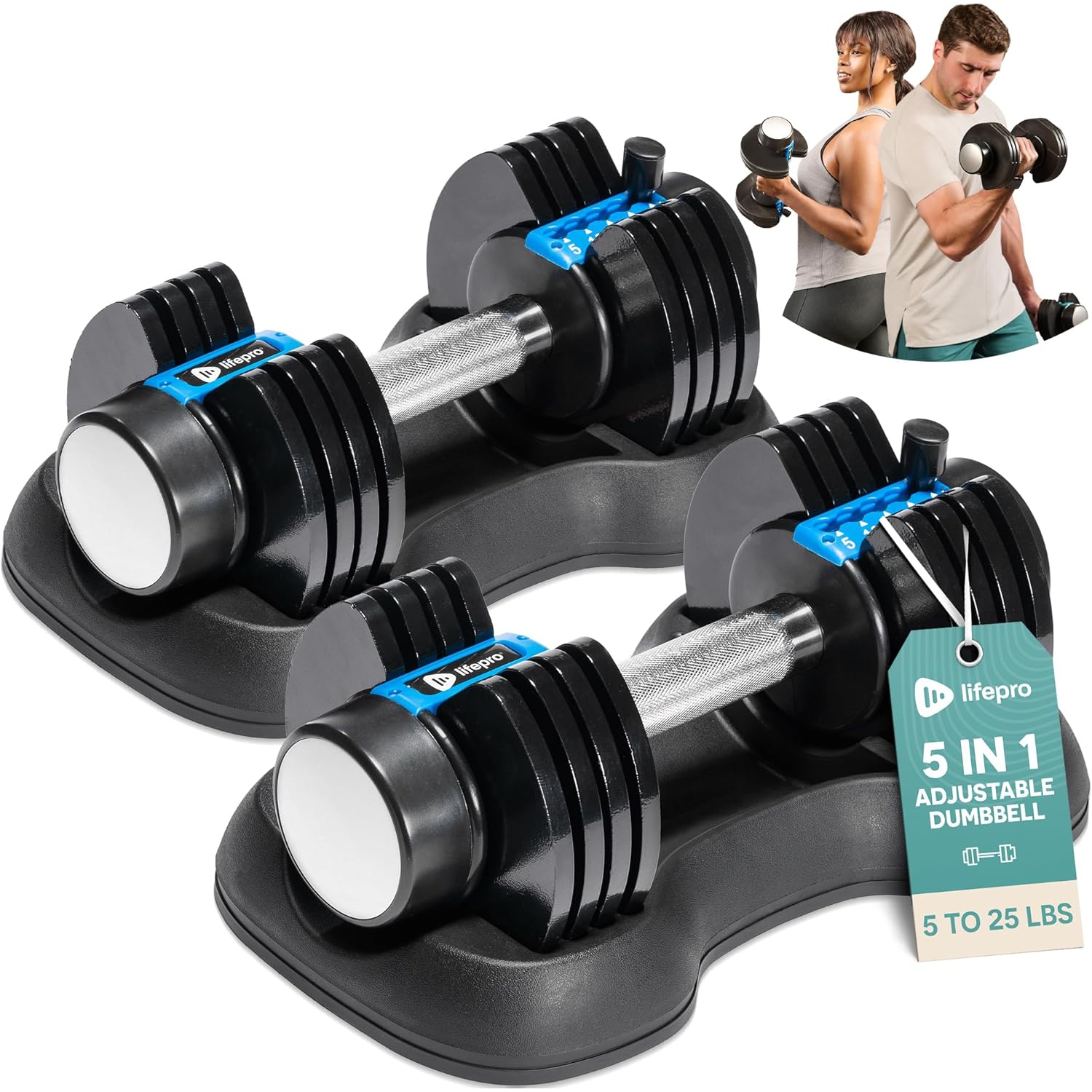 LifePro Adjustable Dumbbells Set 25lb Pair – 5-in-1 Compact Weights with Rack, Quick Adjust Slider, Secure Grip Handle – Space-Saving Hand Weights
