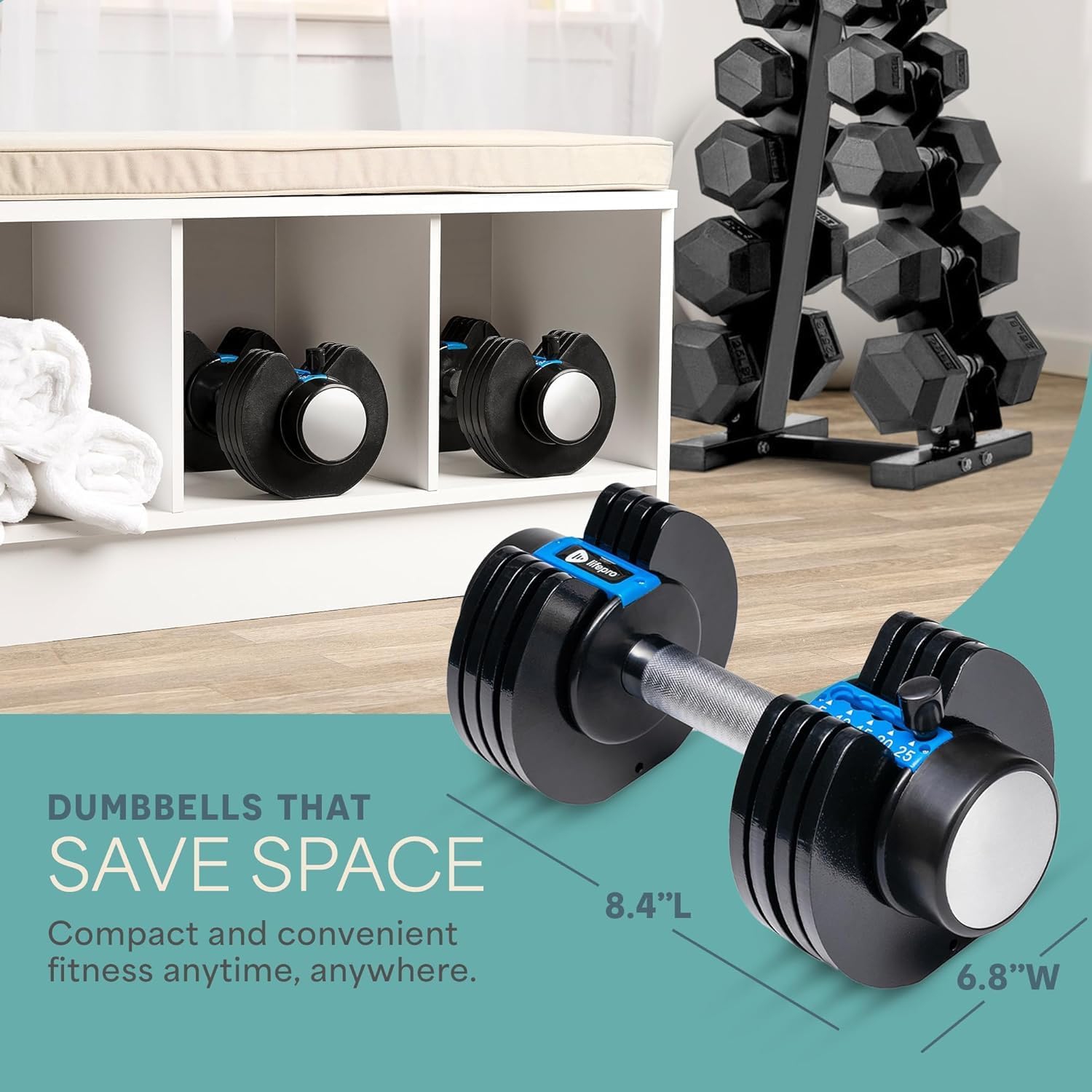 LifePro Adjustable Dumbbells Set 25lb Pair – 5-in-1 Compact Weights with Rack, Quick Adjust Slider, Secure Grip Handle – Space-Saving Hand Weights