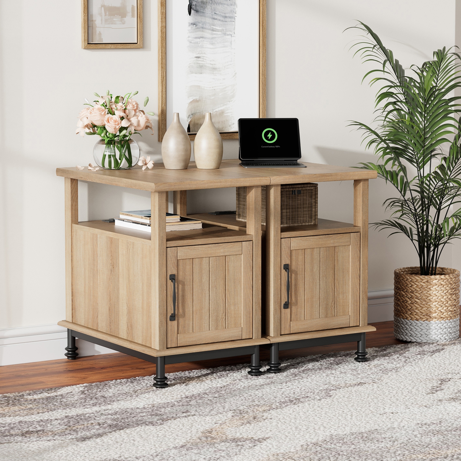 WAMPAT Set of 2 End Tables with Charging Station, Sofa Side Tables with Storage Cabinet for Living Room, Light Wood Bedside Table with Metal Leg,