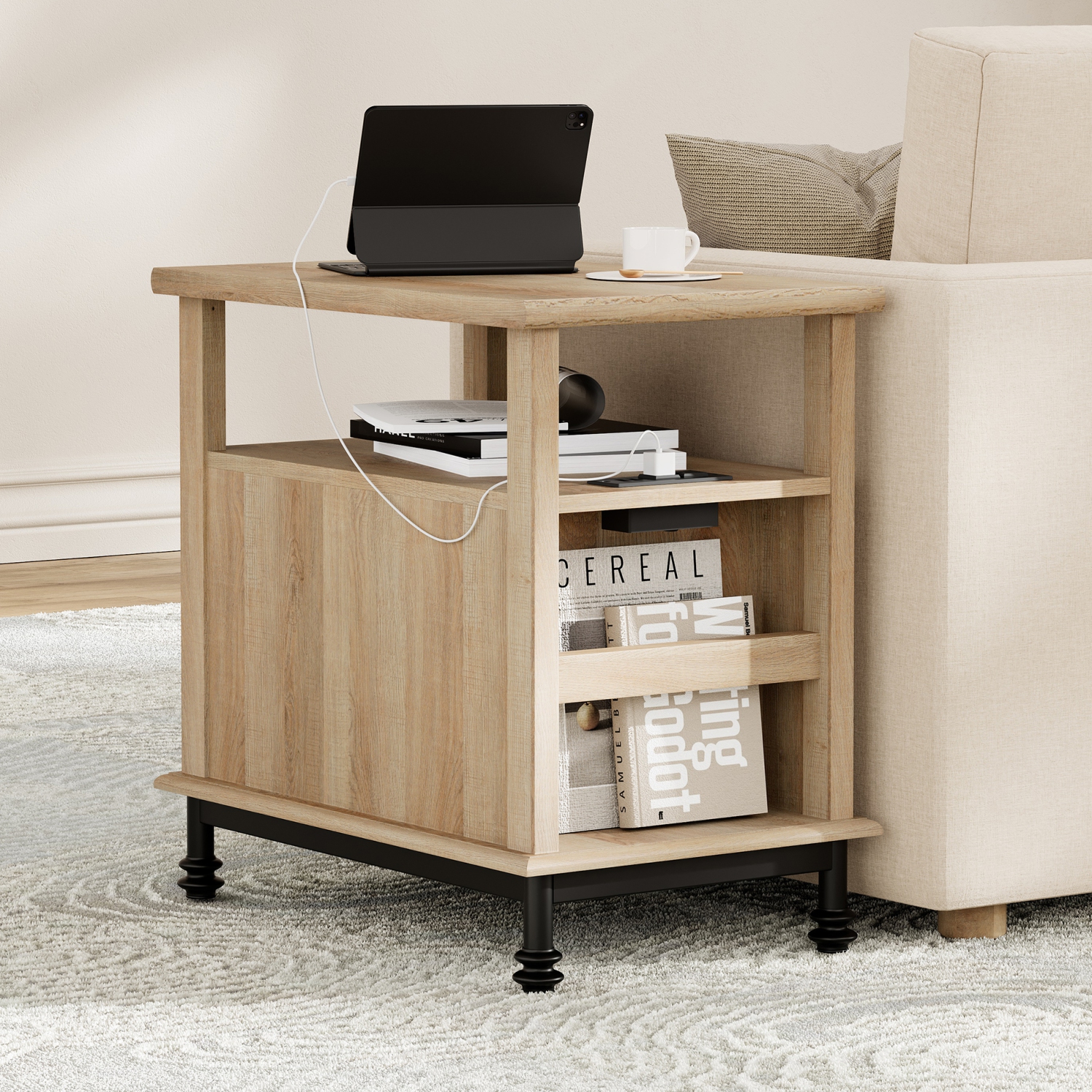 WAMPAT Set of 2 End Tables with Charging Station, Sofa Side Tables with Storage Cabinet for Living Room, Light Wood Bedside Table with Metal Leg,