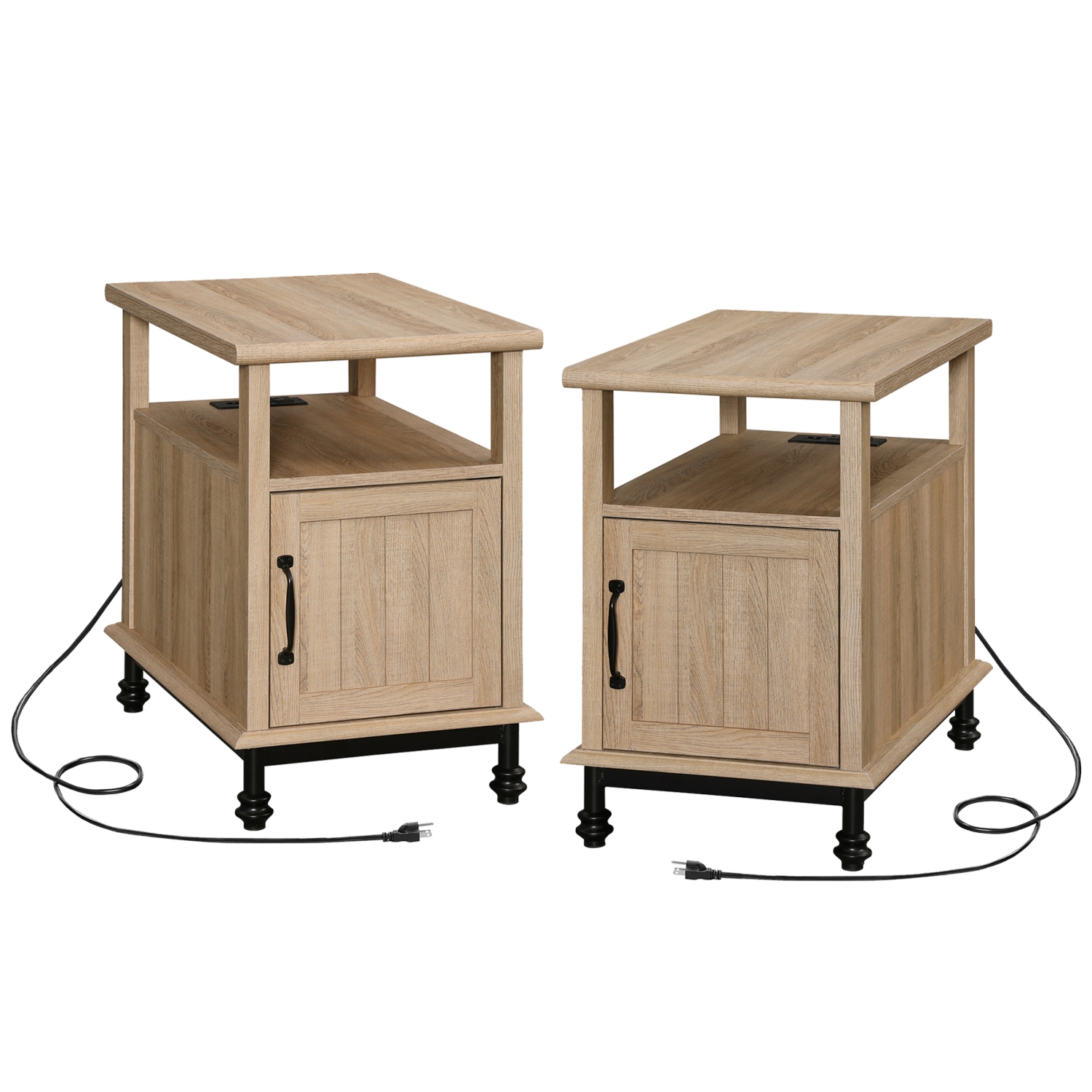 WAMPAT Set of 2 End Tables with Charging Station, Sofa Side Tables with Storage Cabinet for Living Room, Light Wood Bedside Table with Metal Leg,