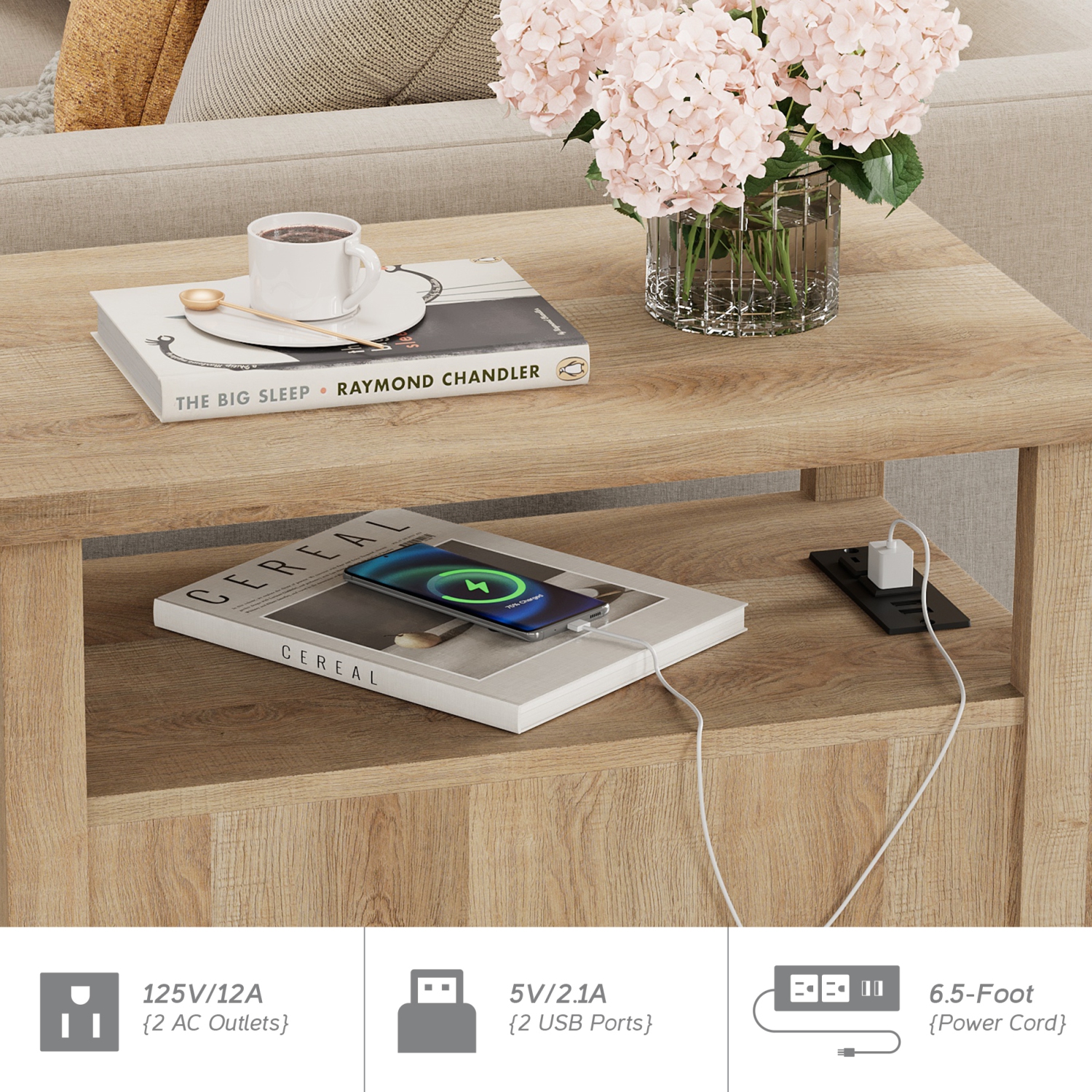 WAMPAT Oak End Table with Charging Station, Sofa Side Table with Storage Cabinet for Living Room, Light Wood Bedside Table with Metal Leg, Farmhouse