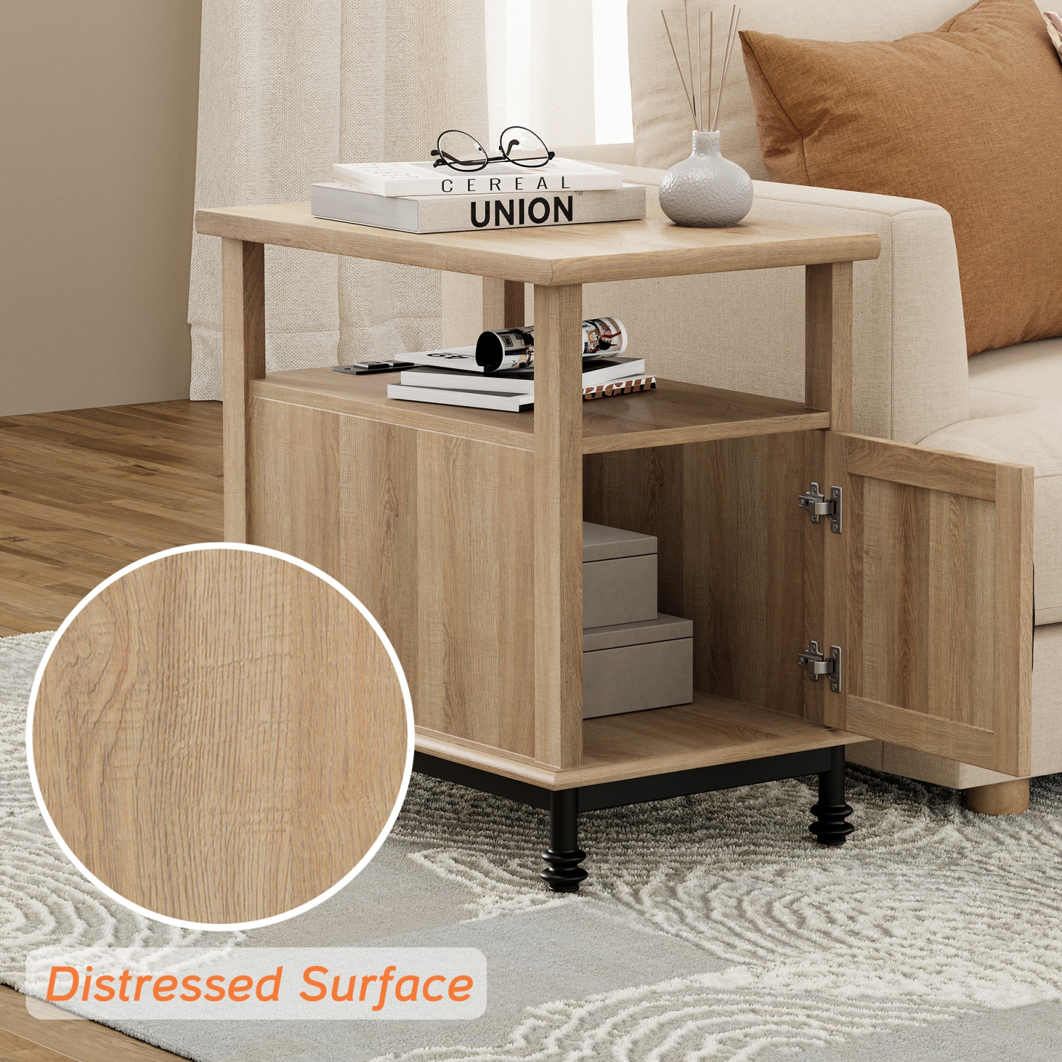 WAMPAT Oak End Table with Charging Station, Sofa Side Table with Storage Cabinet for Living Room, Light Wood Bedside Table with Metal Leg, Farmhouse