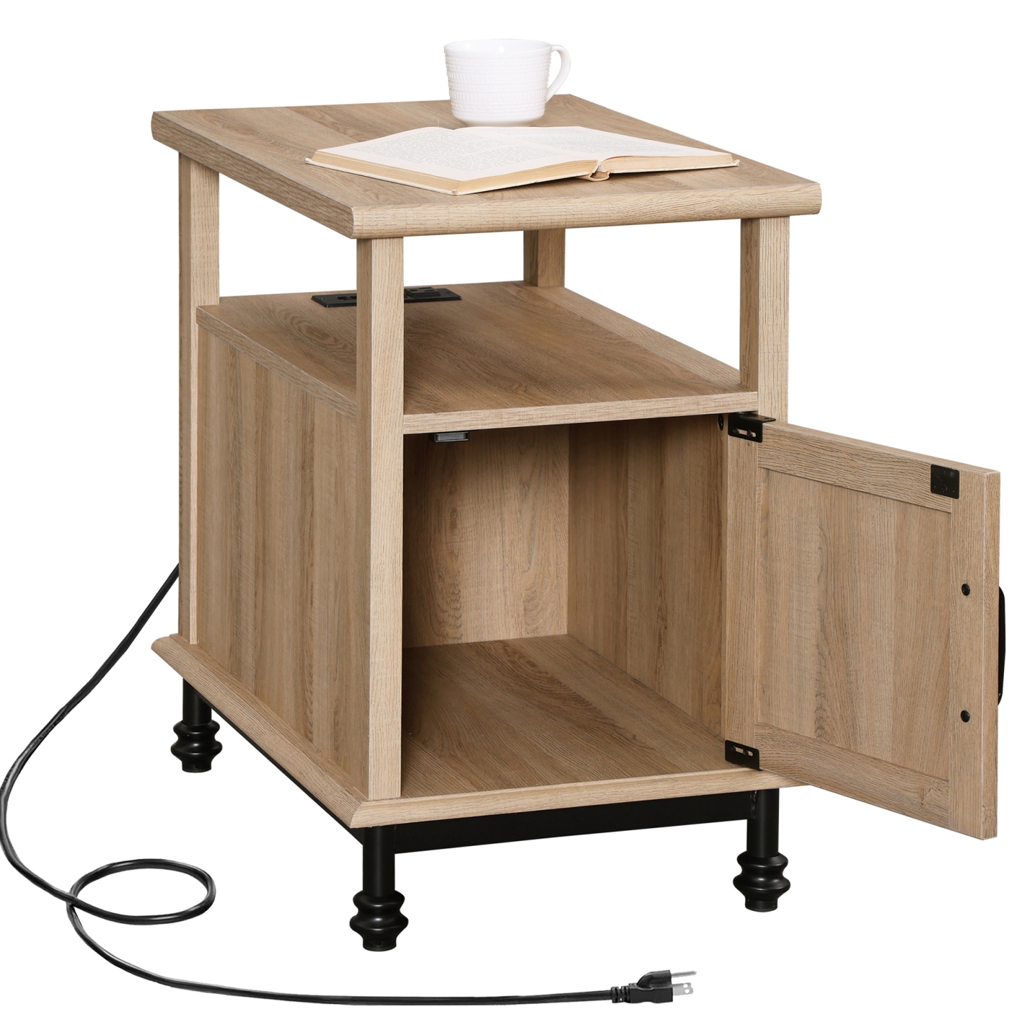 WAMPAT Oak End Table with Charging Station, Sofa Side Table with Storage Cabinet for Living Room, Light Wood Bedside Table with Metal Leg, Farmhouse