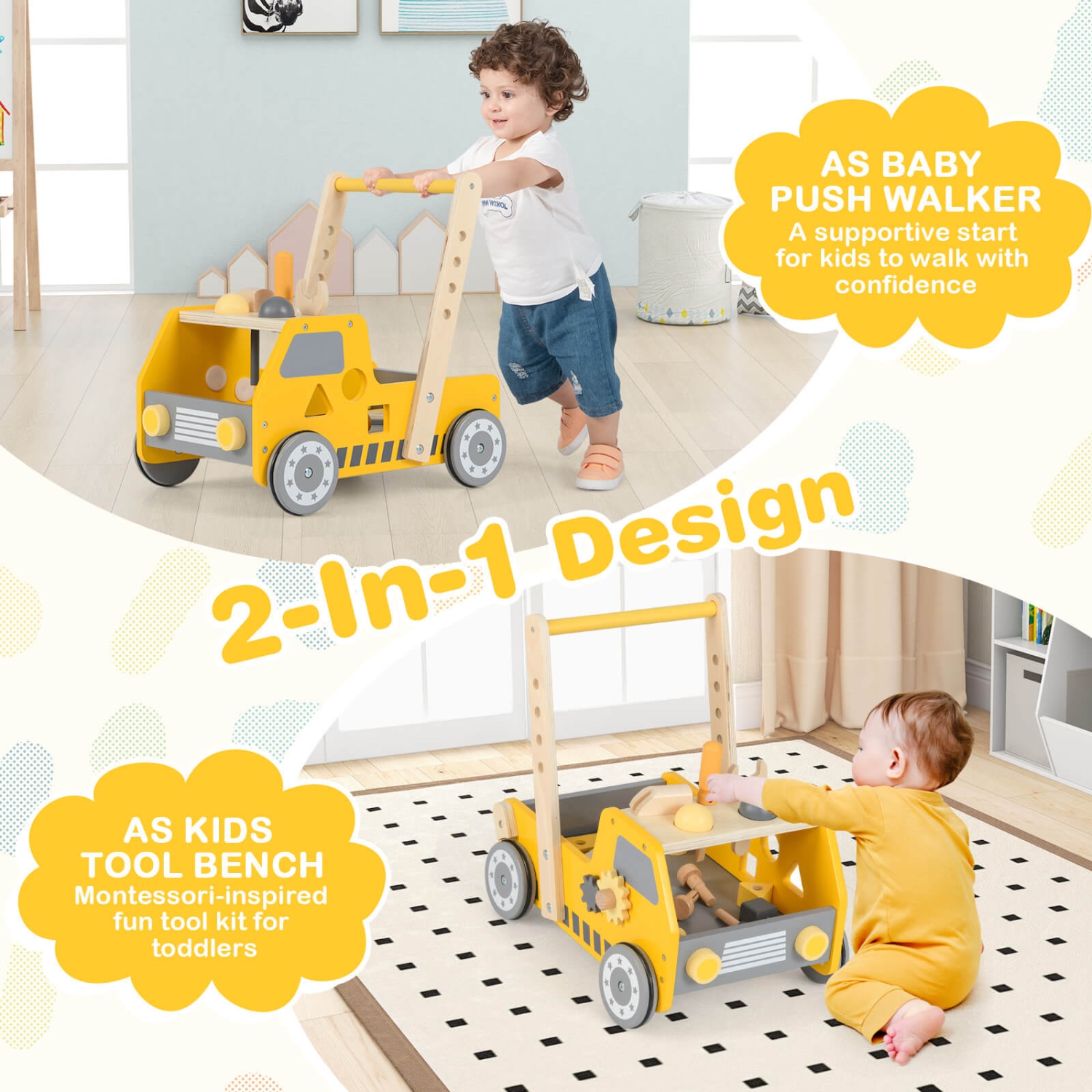 Costway 2-In-1 Montessori Wooden Baby Walker with Learning Activities Adjustable Speed
