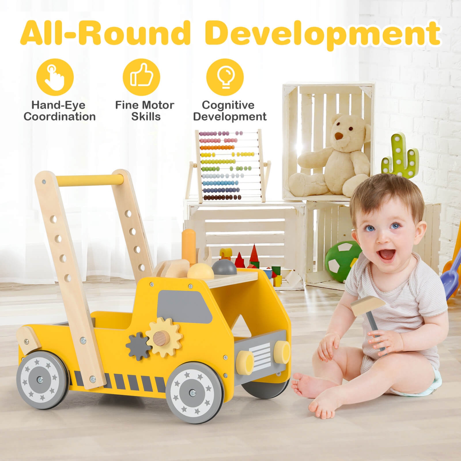 Costway 2-In-1 Montessori Wooden Baby Walker with Learning Activities Adjustable Speed