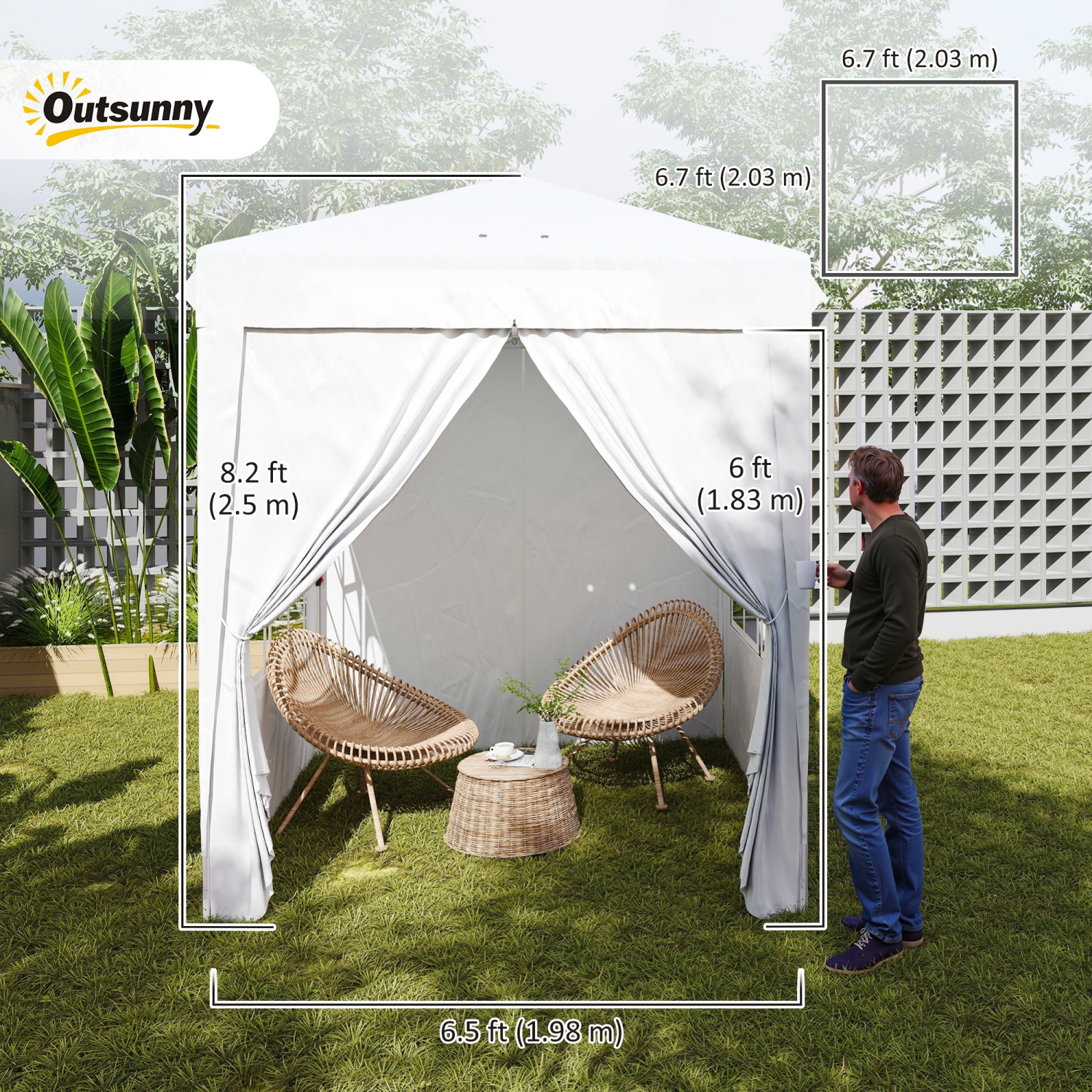 Tente escamotable Outsunny de 6,7 x 6,7 pi avec parois latérales, abri instantané, hauteur réglable, sac de transport inclus, pour l'extérieur,