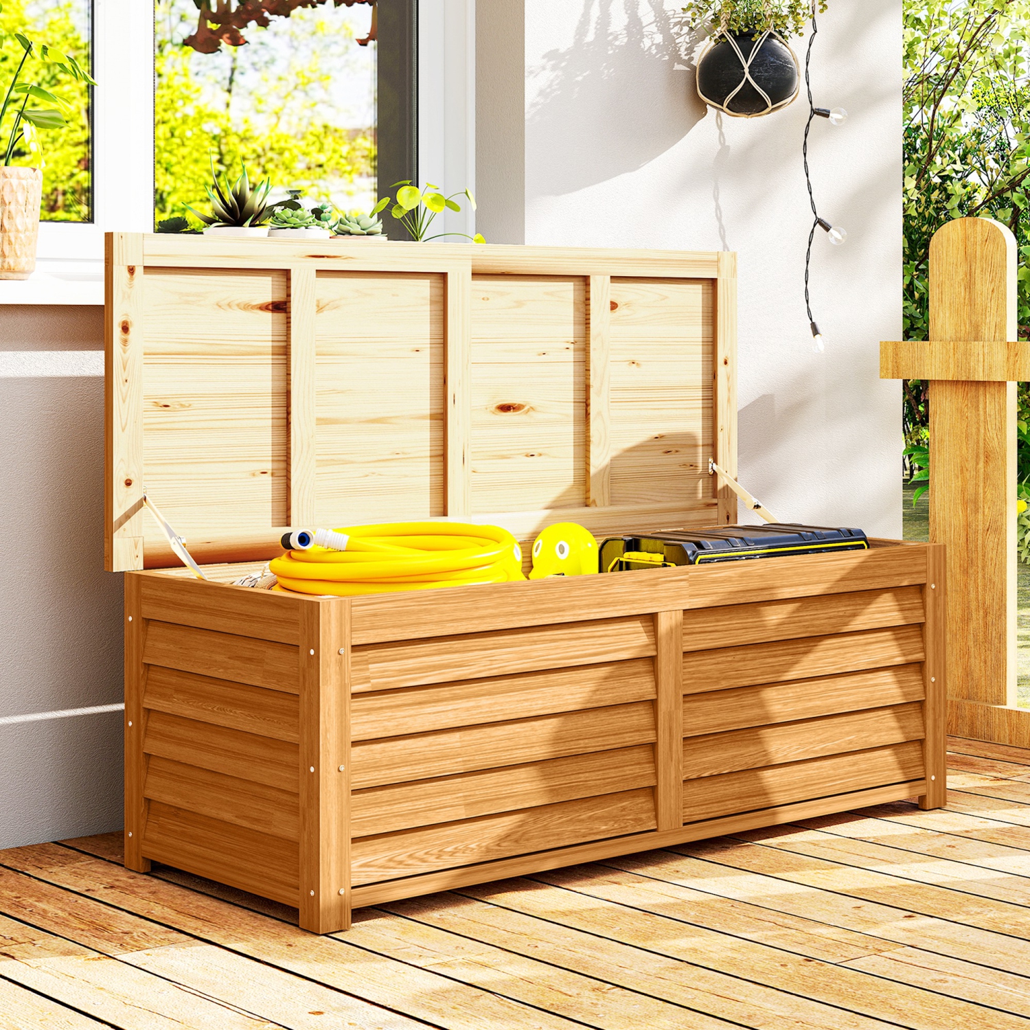 Outsunny 47 Gallon Outdoor Storage Box, Wooden Deck Box Garden Storage Container with 2 Safety Hinges for Balcony, Porch, Poolside, 51.2" x 19.7" x