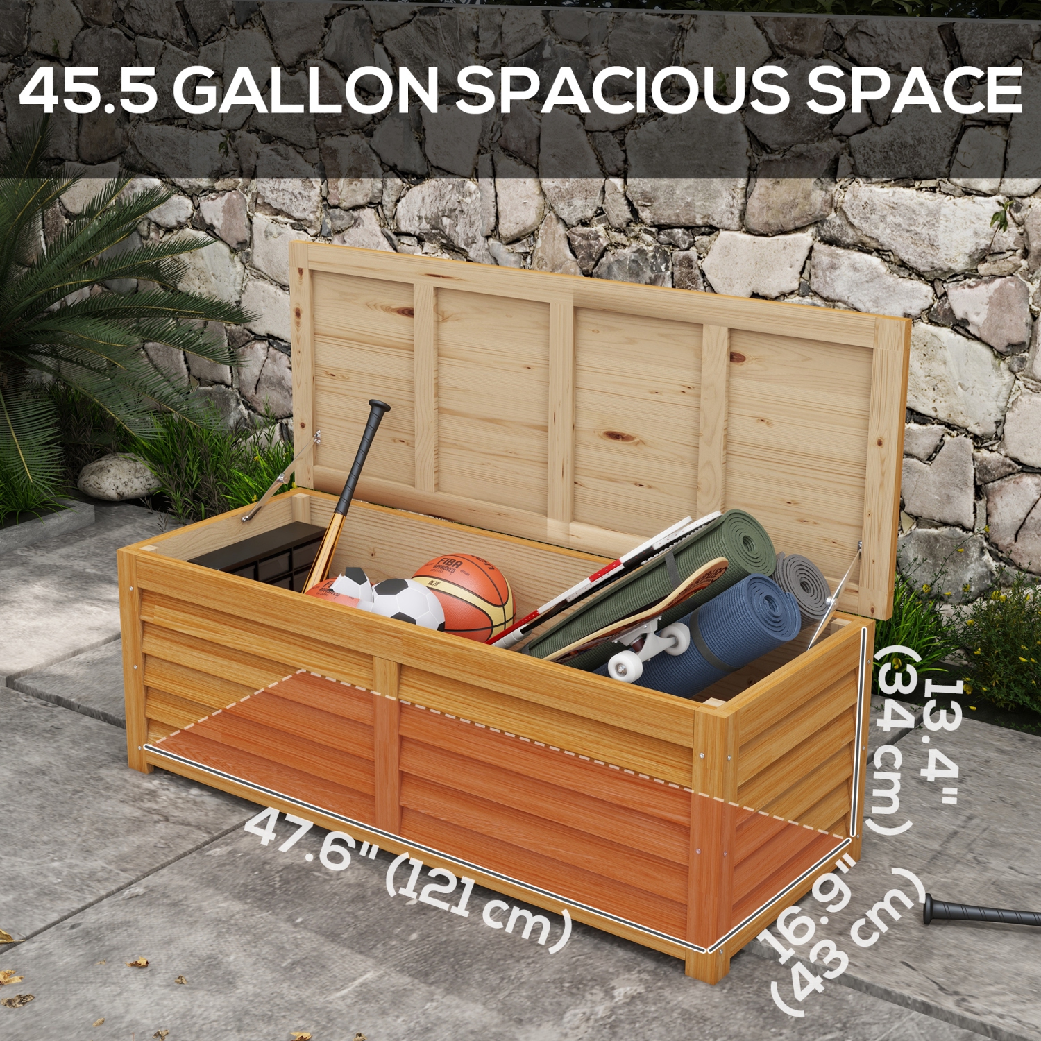 Outsunny 47 Gallon Outdoor Storage Box, Wooden Deck Box Garden Storage Container with 2 Safety Hinges for Balcony, Porch, Poolside, 51.2" x 19.7" x