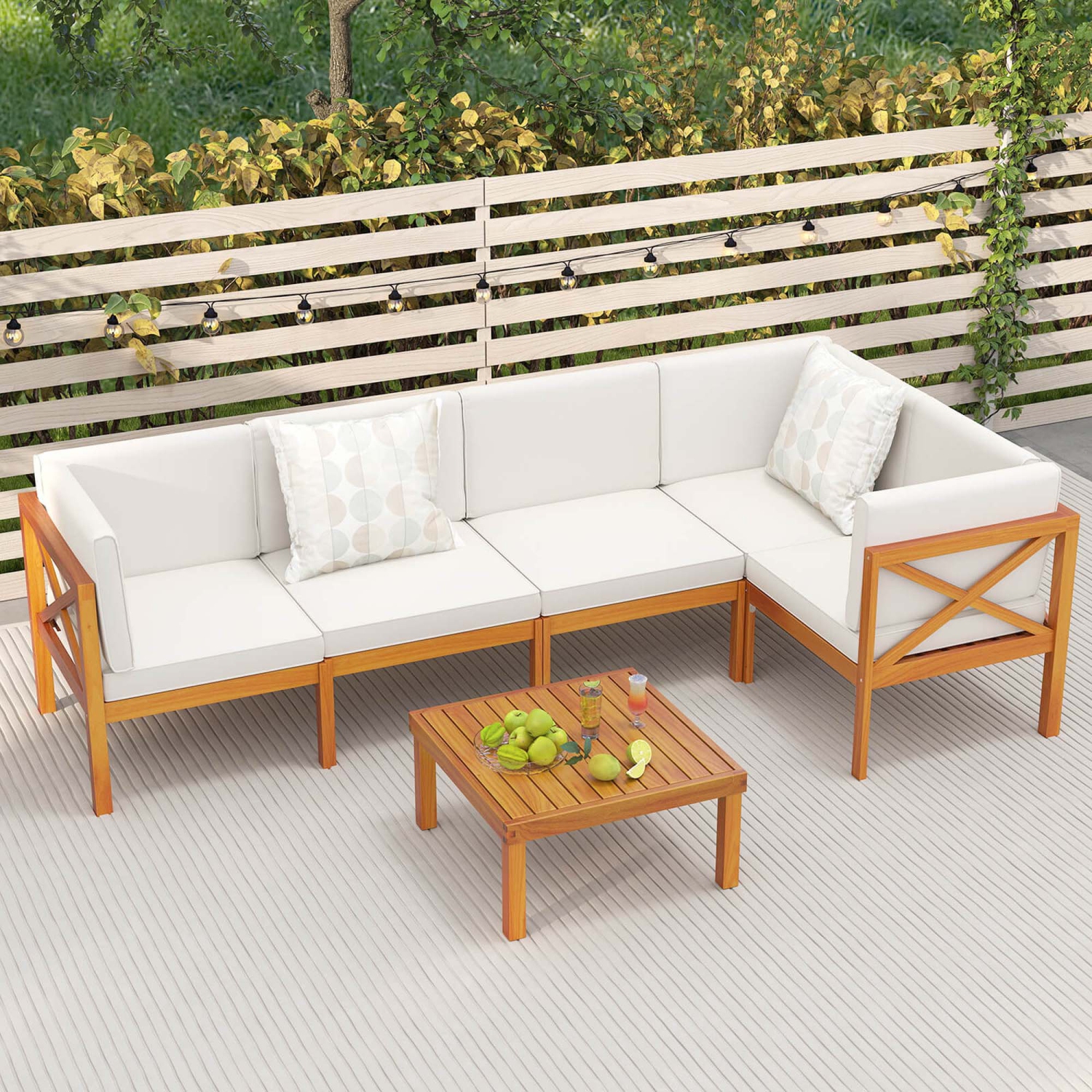 Costway 6 PCS Acacia Wood Patio Furniture Set with Cushions and Coffee Table for Garden