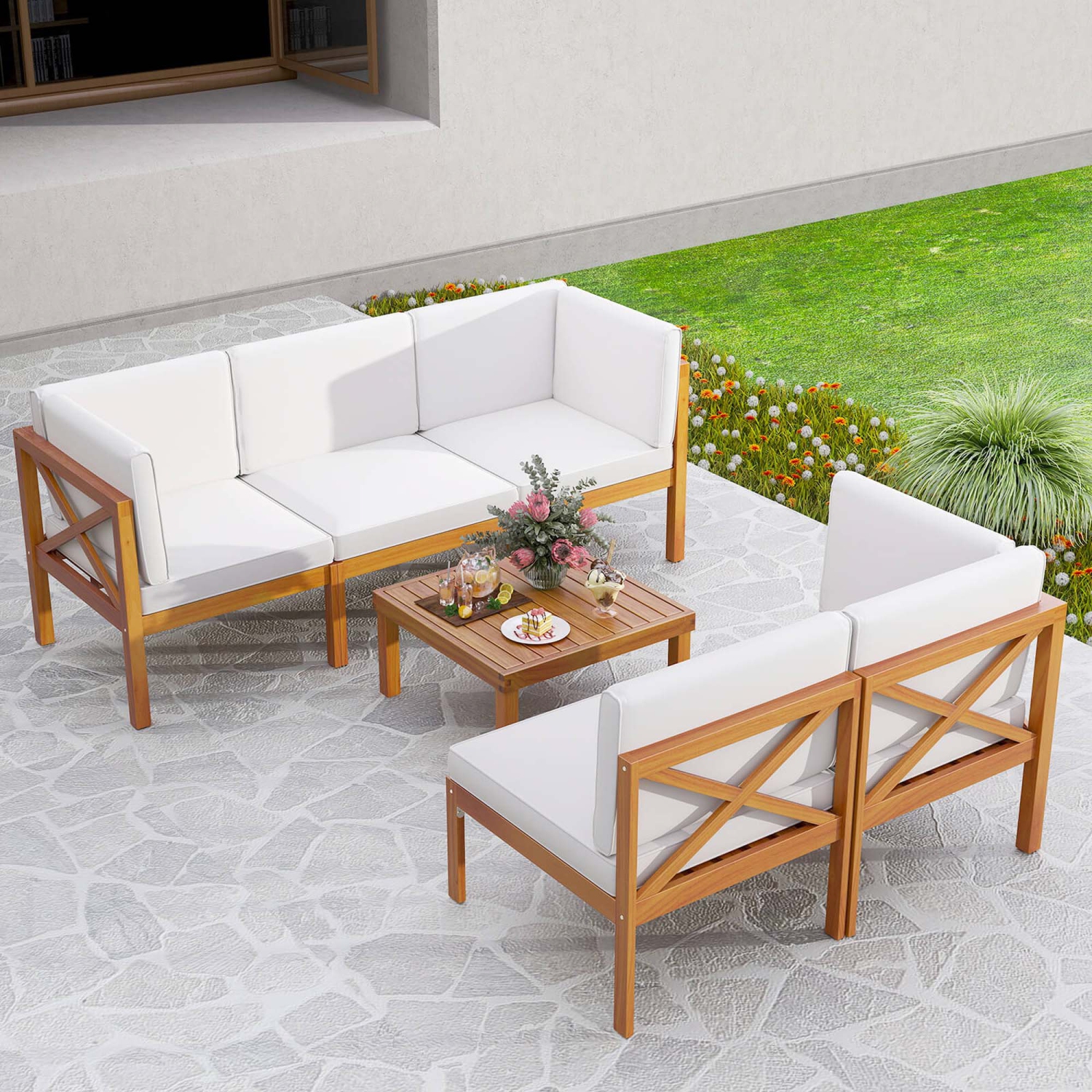 Costway 6 PCS Acacia Wood Patio Furniture Set with Cushions and Coffee Table for Garden