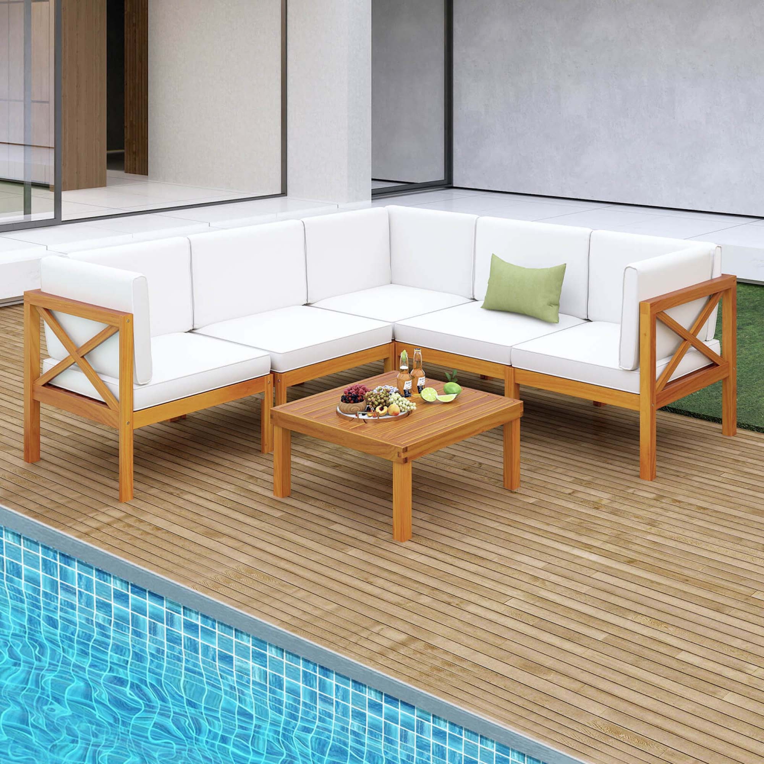 Costway 6 PCS Acacia Wood Patio Furniture Set with Cushions and Coffee Table for Garden