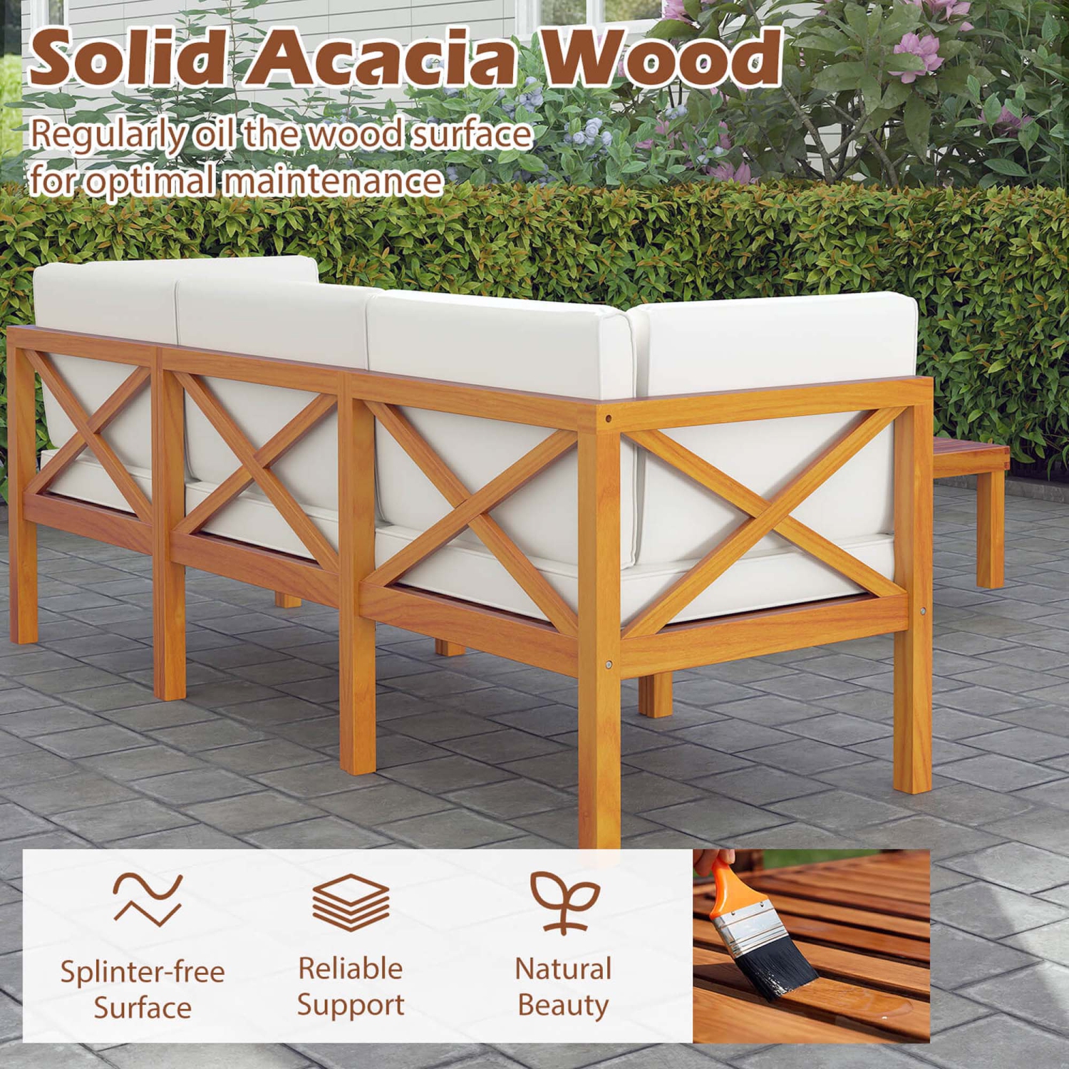 Costway 6 PCS Acacia Wood Patio Furniture Set with Cushions and Coffee Table for Garden