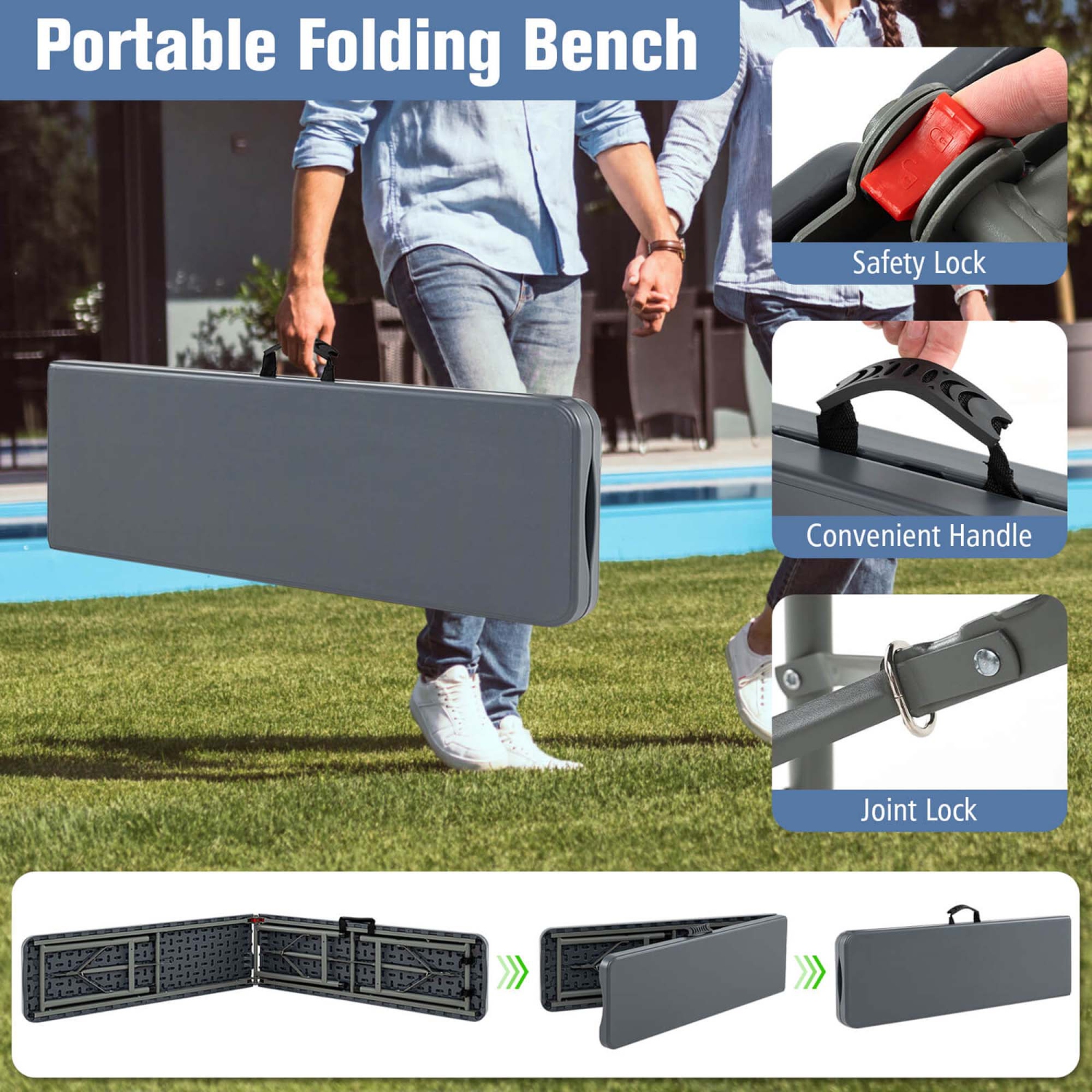 Costway 6 ft Plastic Folding Bench with 1320 LBS Capacity Handle & Lock For Outdoor Picnic