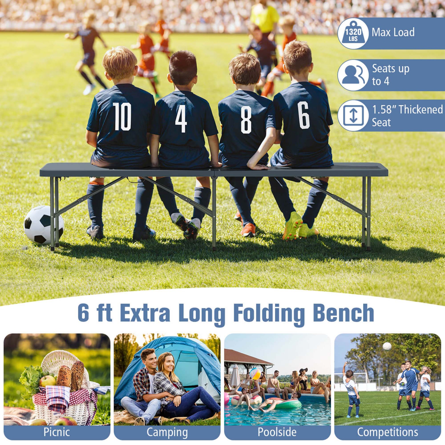 Costway 6 ft Plastic Folding Bench with 1320 LBS Capacity Handle & Lock For Outdoor Picnic
