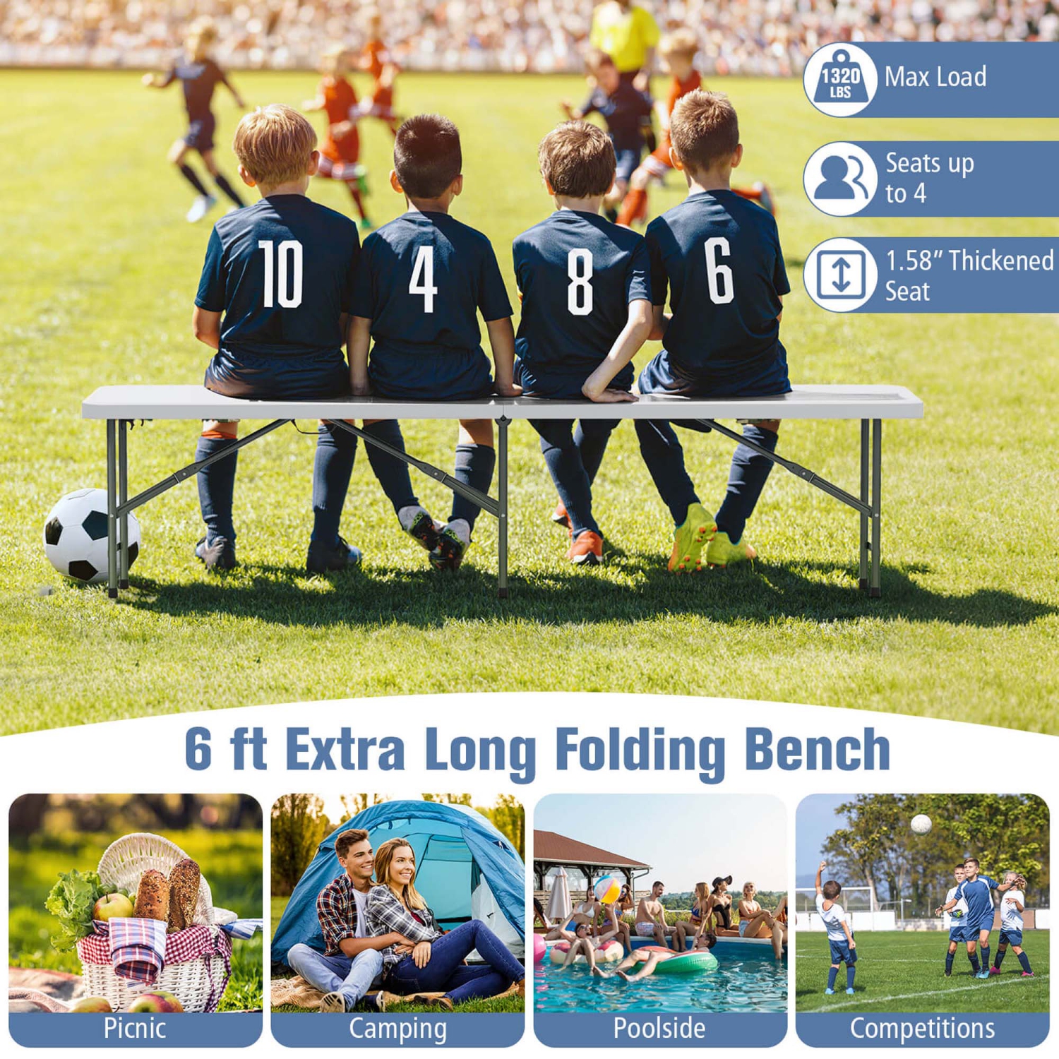 Costway 6 ft Plastic Folding Bench with 1320 LBS Capacity Handle & Lock For Outdoor Picnic
