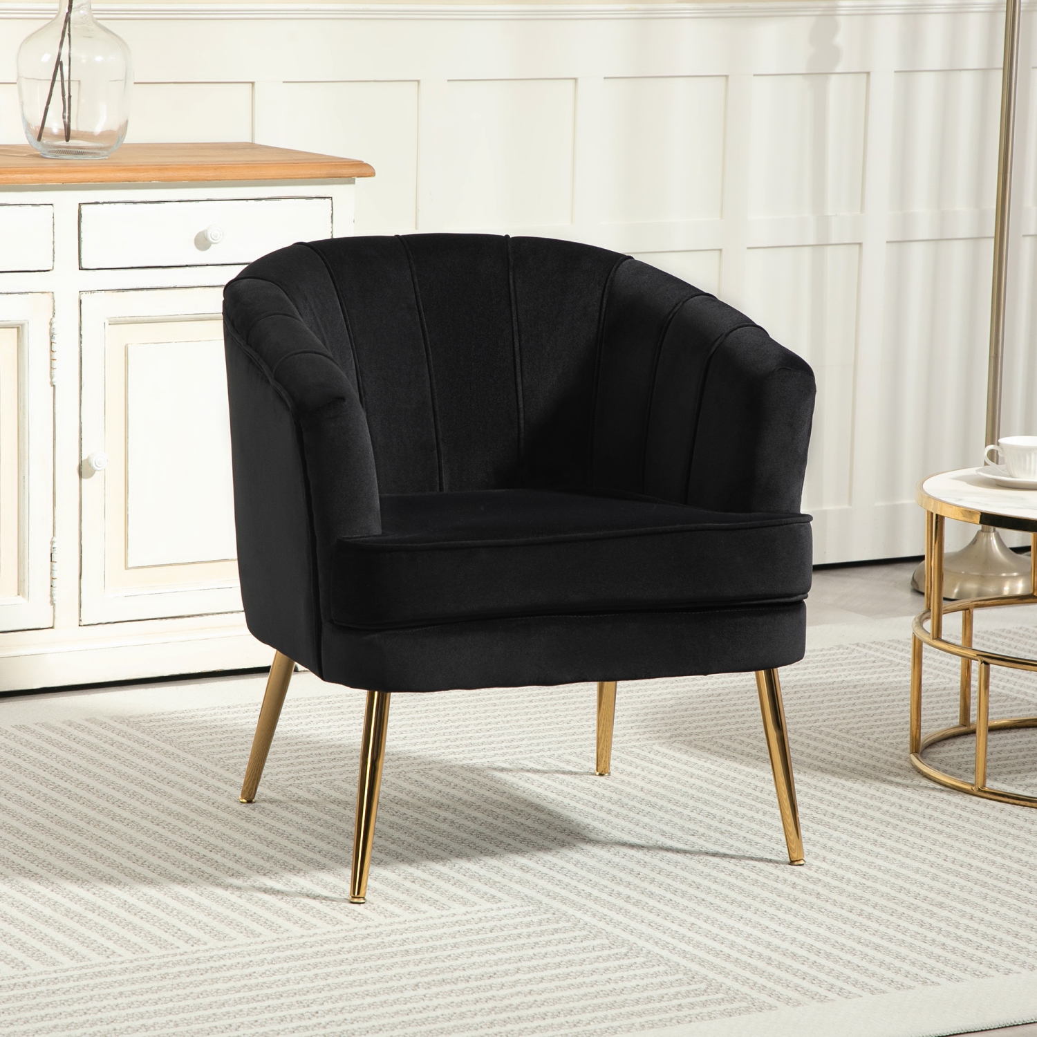 HOMCOM Fabric Accent Chair, Velvet Armchair, Modern Living Room Chair with Gold Metal Legs and Thick Padding for Bedroom, Black