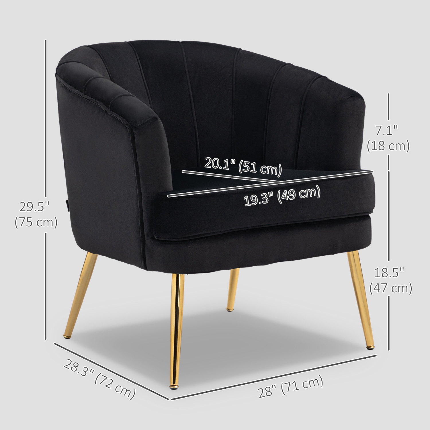 HOMCOM Fabric Accent Chair, Velvet Armchair, Modern Living Room Chair with Gold Metal Legs and Thick Padding for Bedroom, Black