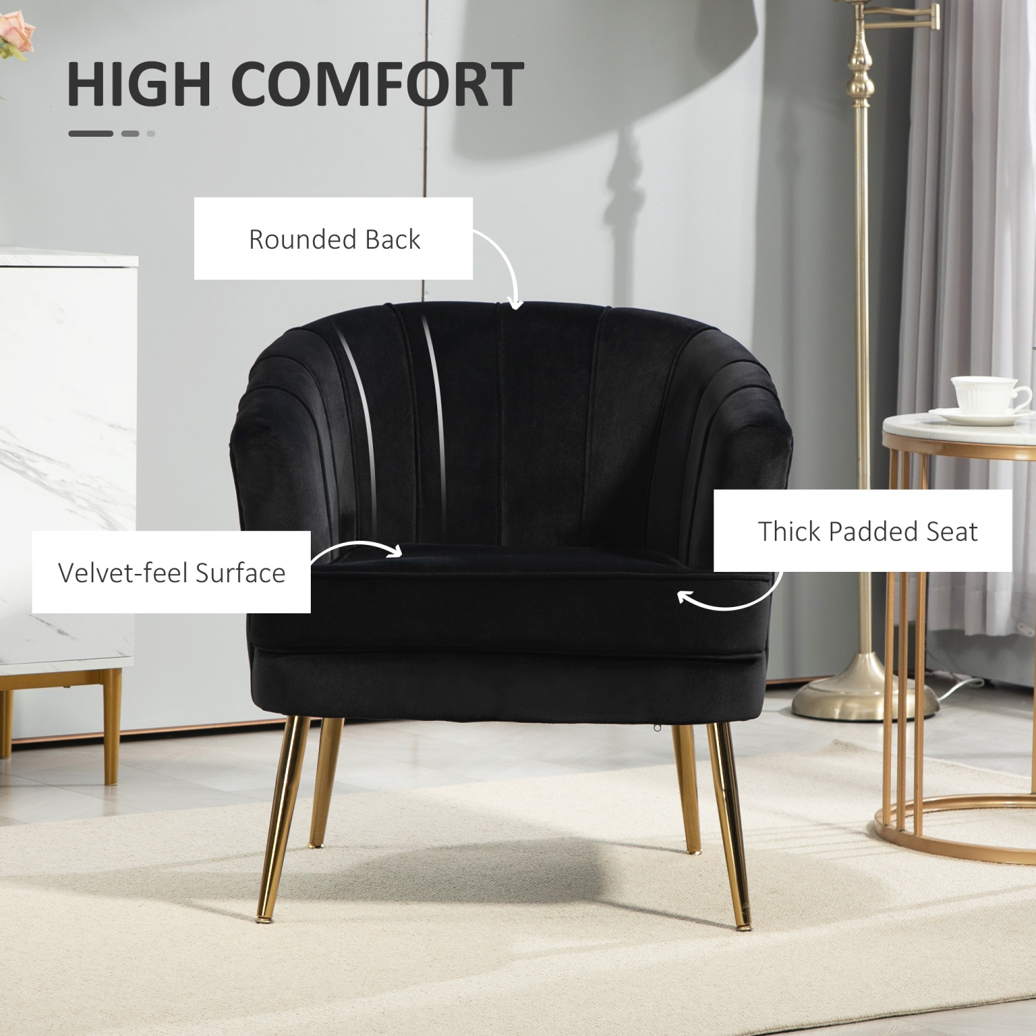 HOMCOM Fabric Accent Chair, Velvet Armchair, Modern Living Room Chair with Gold Metal Legs and Thick Padding for Bedroom, Black