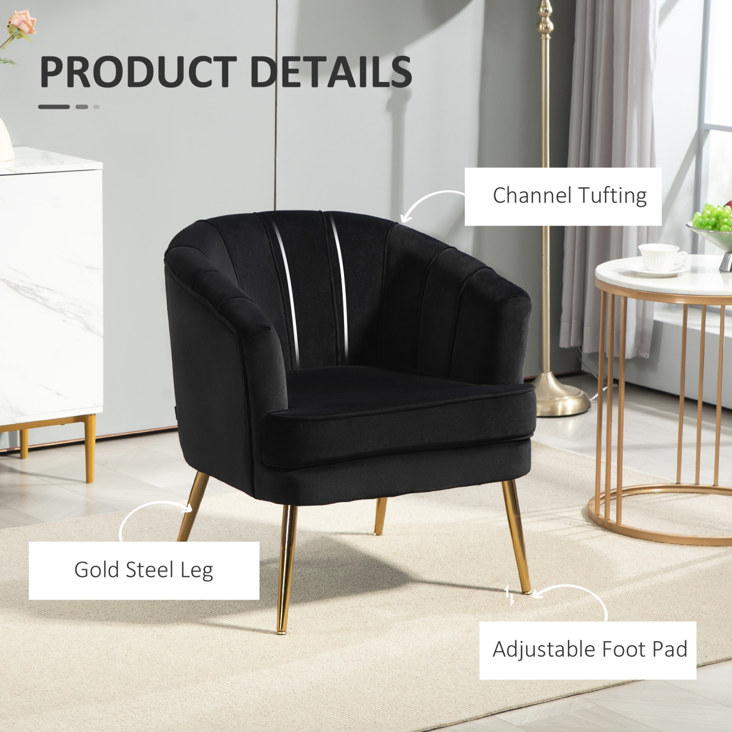 HOMCOM Fabric Accent Chair, Velvet Armchair, Modern Living Room Chair with Gold Metal Legs and Thick Padding for Bedroom, Black