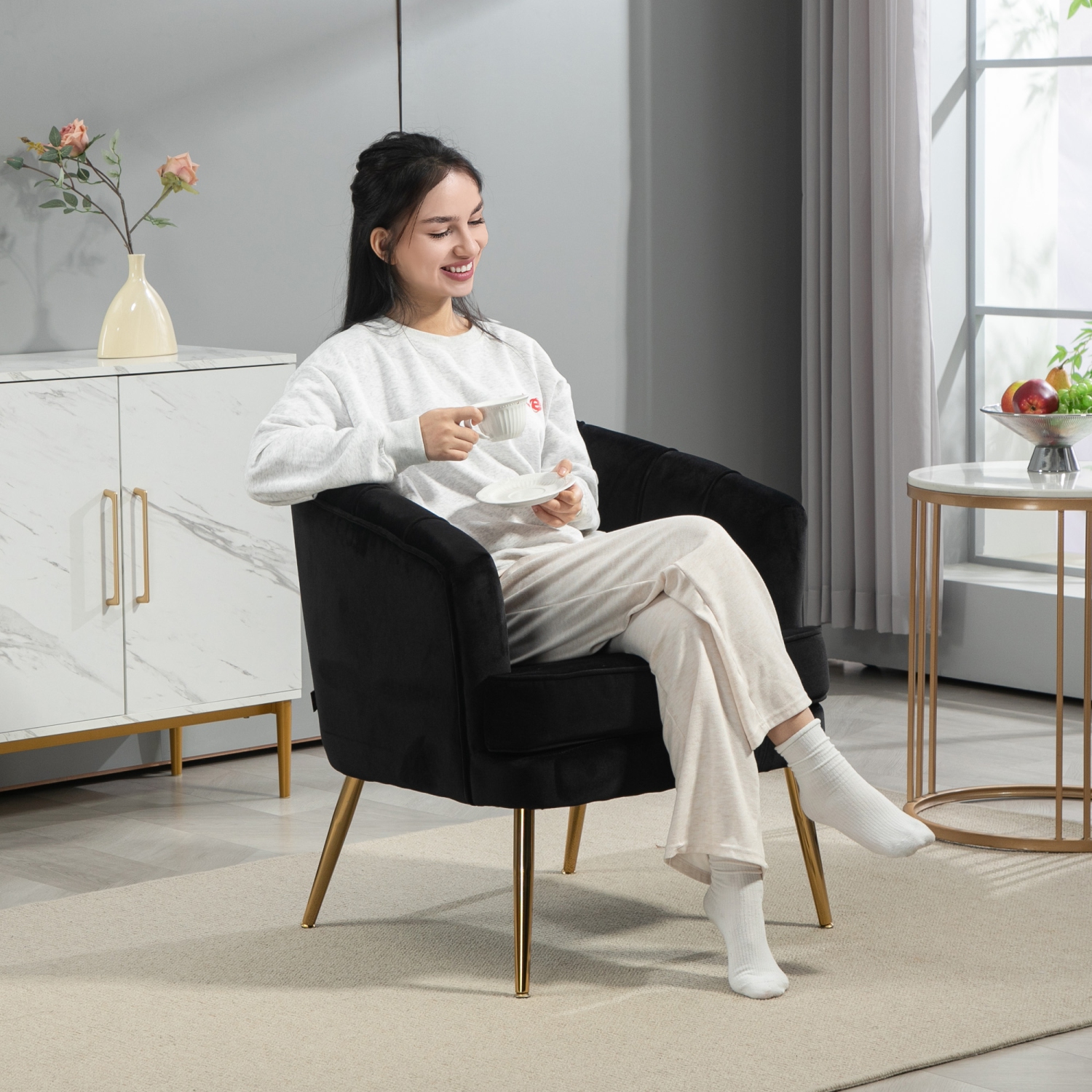 HOMCOM Fabric Accent Chair, Velvet Armchair, Modern Living Room Chair with Gold Metal Legs and Thick Padding for Bedroom, Black