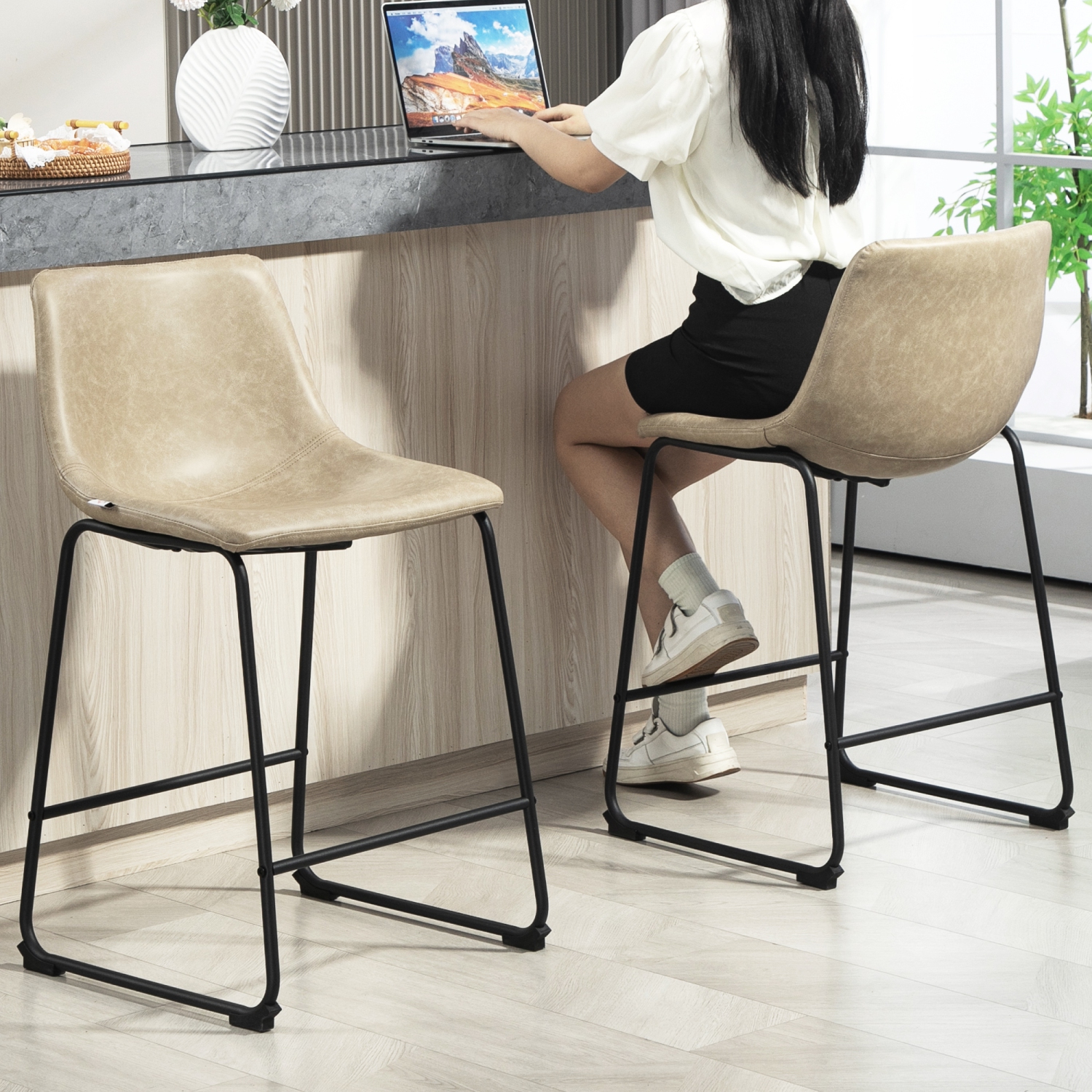 HOMCOM – Ensemble de 2 tabourets de bar à hauteur de comptoir, chaises de bar rétro en cuir PU, tabourets de cuisine avec repose-pieds pour bar à
