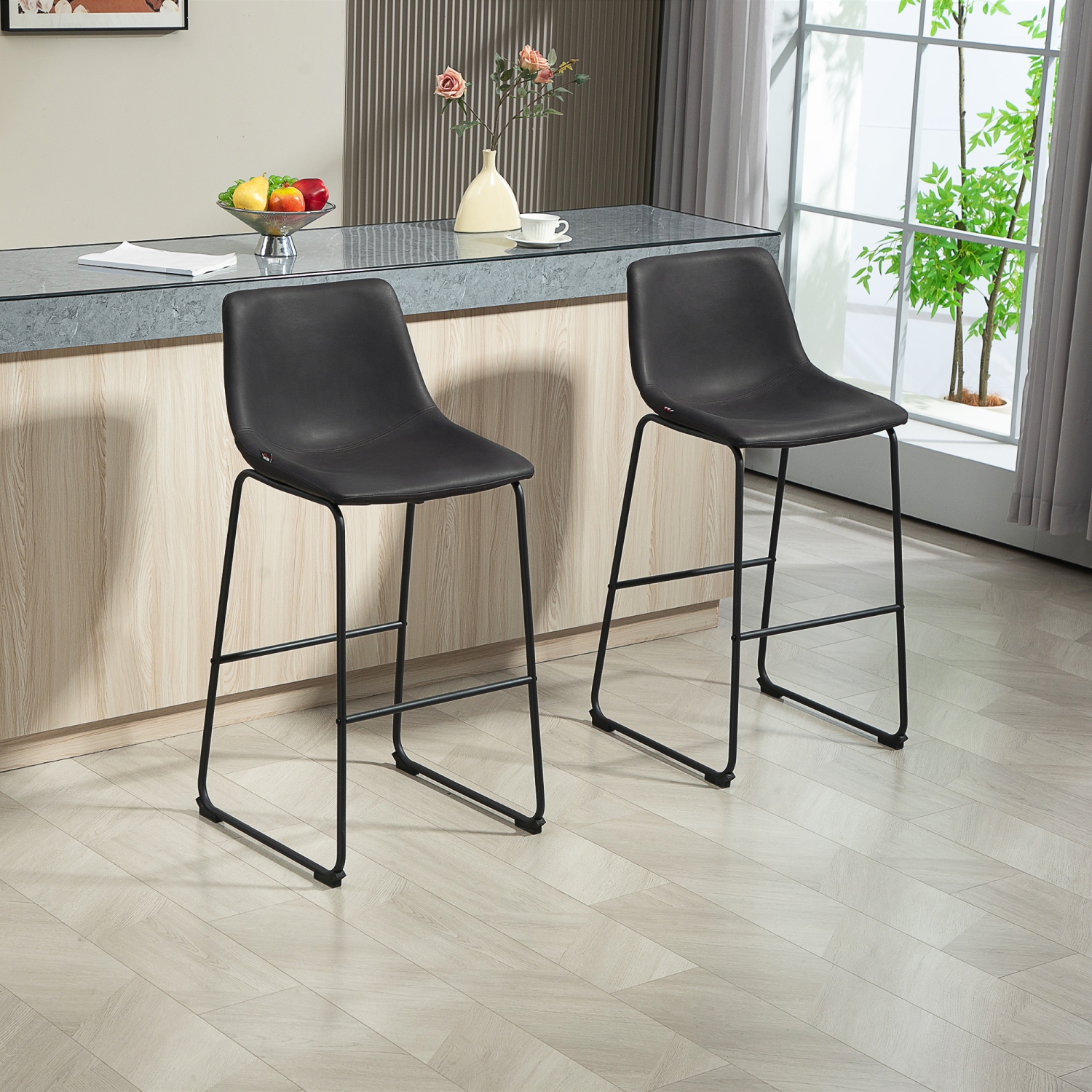 HOMCOM – Ensemble de 2 tabourets de bar à hauteur de comptoir, chaises de bar rétro en cuir PU, tabourets de cuisine avec repose-pieds pour bar à