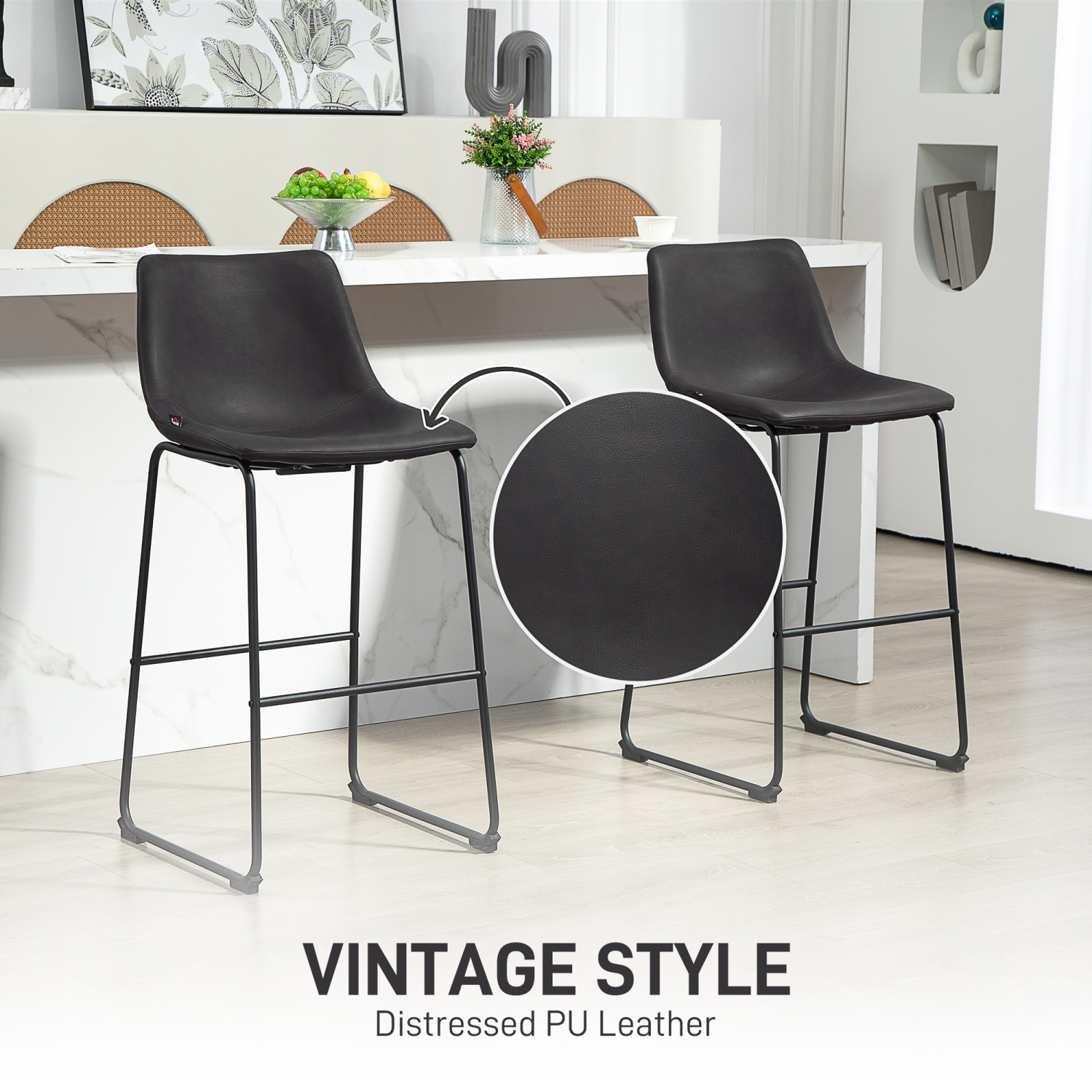 HOMCOM – Ensemble de 2 tabourets de bar à hauteur de comptoir, chaises de bar rétro en cuir PU, tabourets de cuisine avec repose-pieds pour bar à