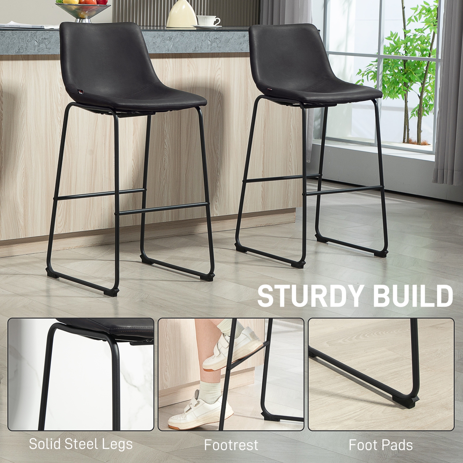 HOMCOM – Ensemble de 2 tabourets de bar à hauteur de comptoir, chaises de bar rétro en cuir PU, tabourets de cuisine avec repose-pieds pour bar à