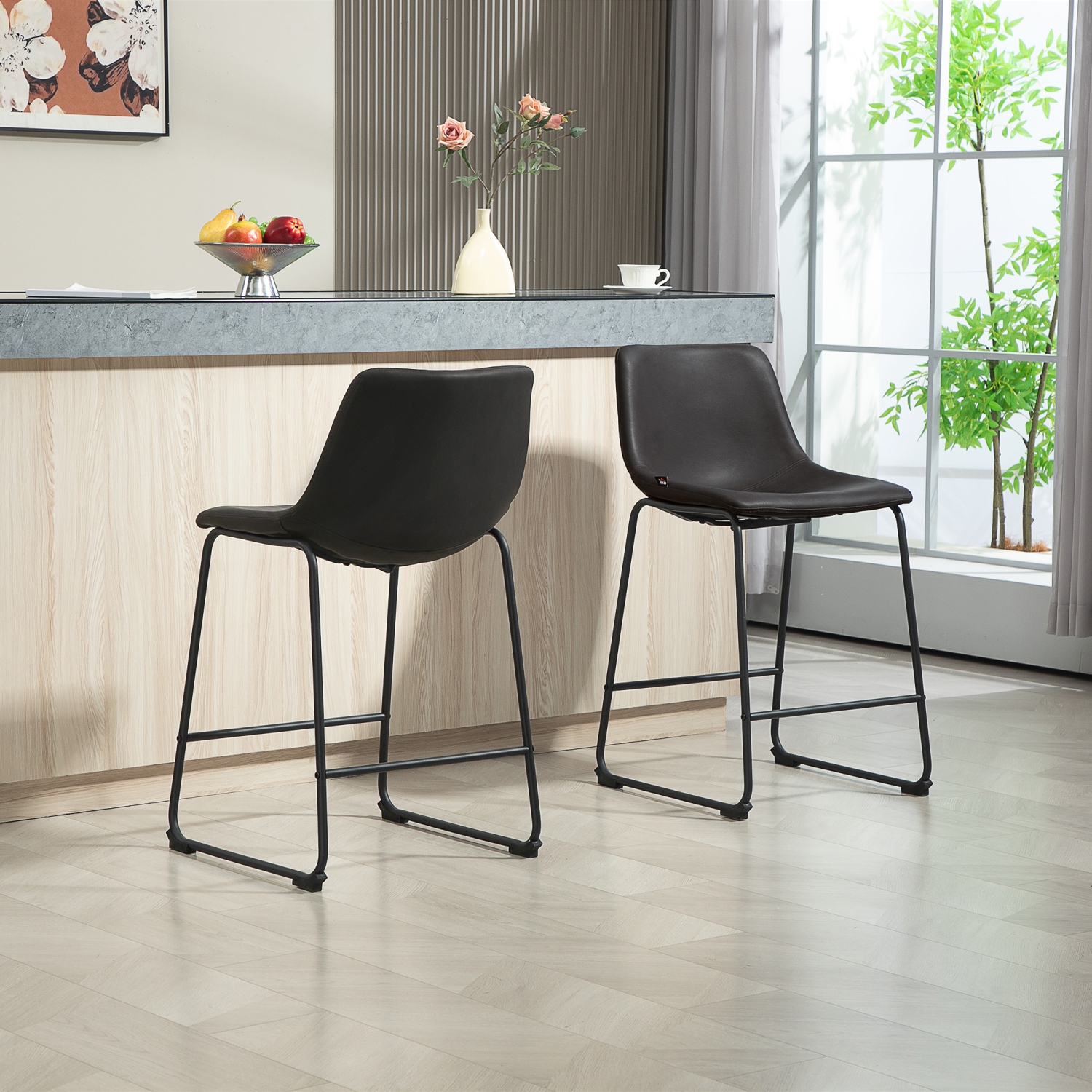 HOMCOM – Ensemble de 2 tabourets de bar à hauteur de comptoir, chaises de bar rétro en cuir PU, tabourets de cuisine avec repose-pieds pour bar à