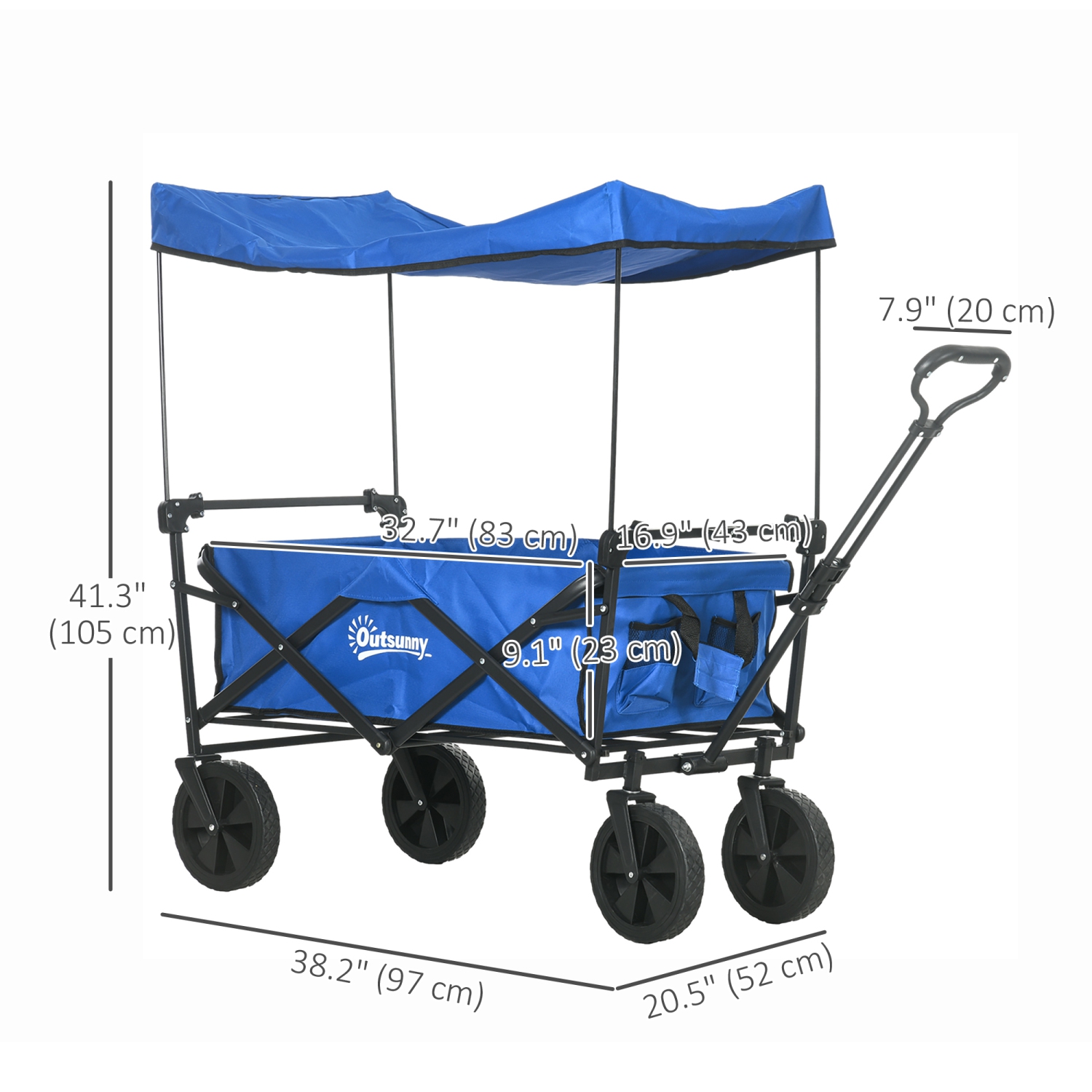 Outsunny Outdoor Collapsible Wagon with Removable Canopy, Folding Garden Cart, Heavy Duty Pull Along Camping Cart with Telescopic Handle and Carry