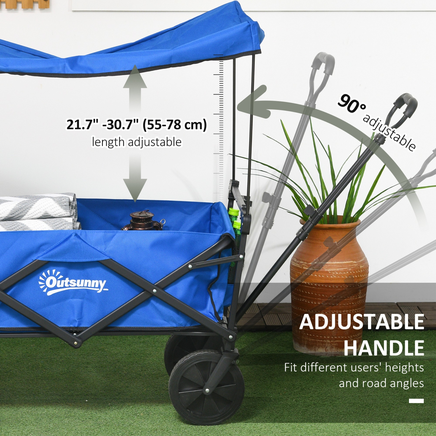 Outsunny Outdoor Collapsible Wagon with Removable Canopy, Folding Garden Cart, Heavy Duty Pull Along Camping Cart with Telescopic Handle and Carry