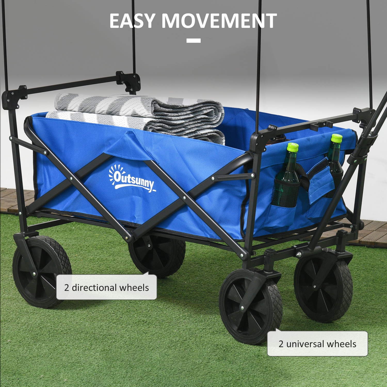 Outsunny Outdoor Collapsible Wagon with Removable Canopy, Folding Garden Cart, Heavy Duty Pull Along Camping Cart with Telescopic Handle and Carry