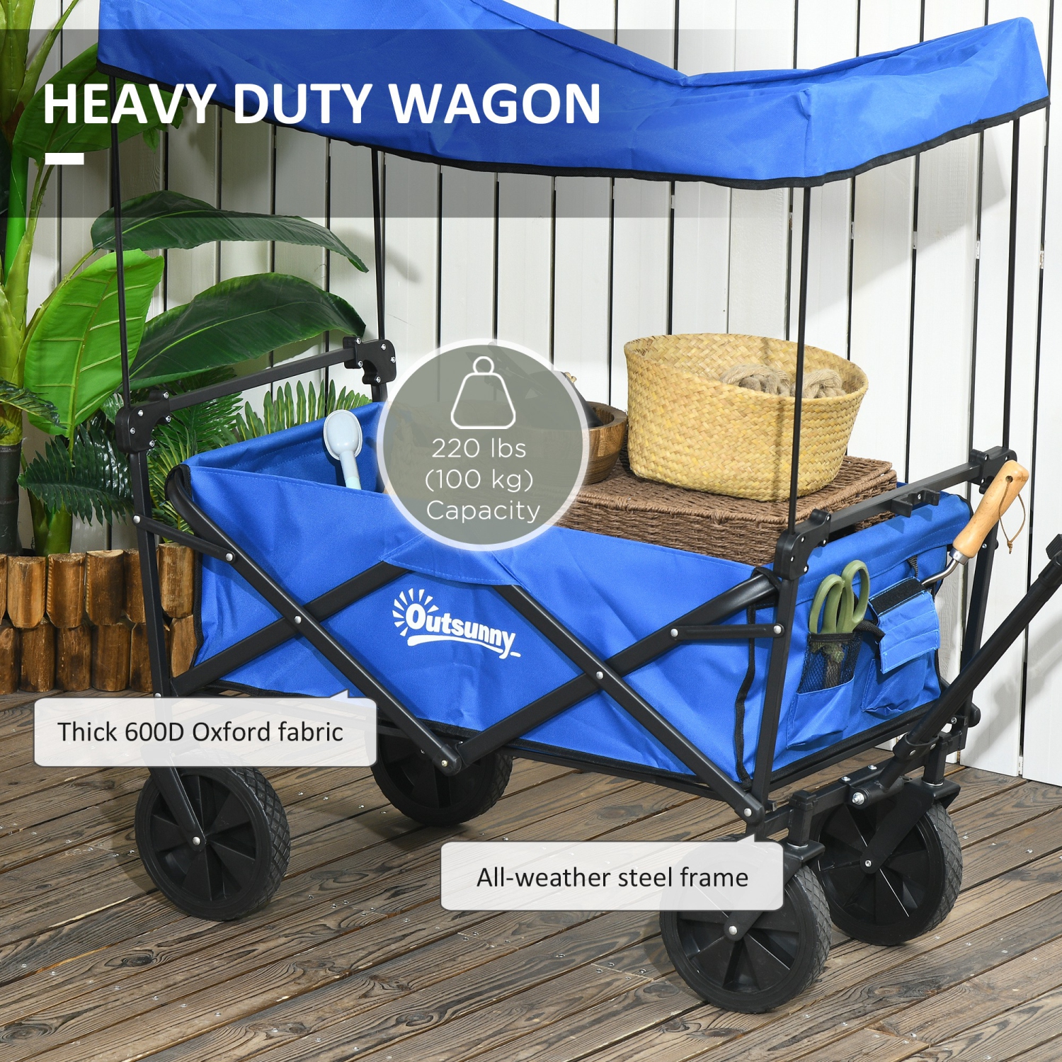 Outsunny Outdoor Collapsible Wagon with Removable Canopy, Folding Garden Cart, Heavy Duty Pull Along Camping Cart with Telescopic Handle and Carry