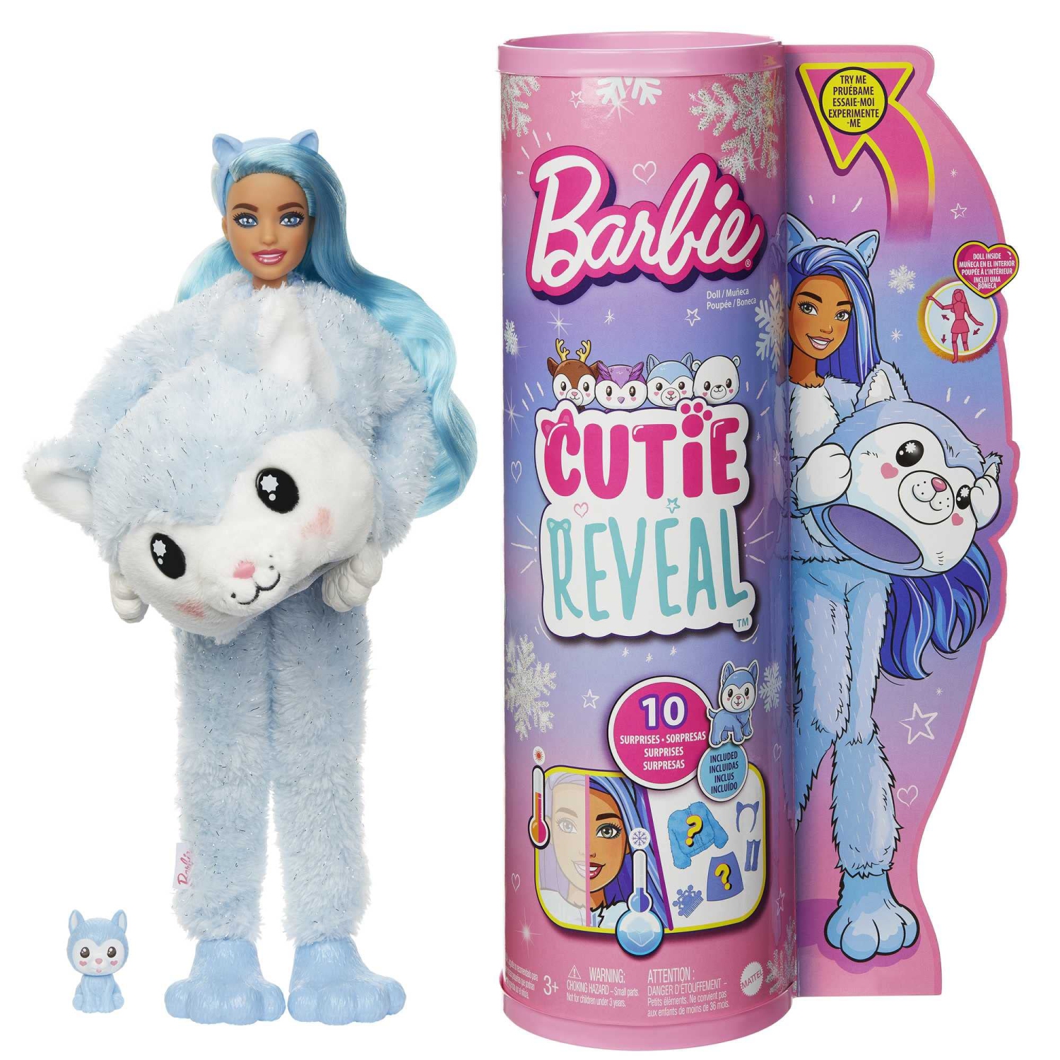 Barbie Cutie Reveal Doll, Snowflake Sparkle Series Husky Plush Costume, 10 Surprises Including Mini Pet & Color Change