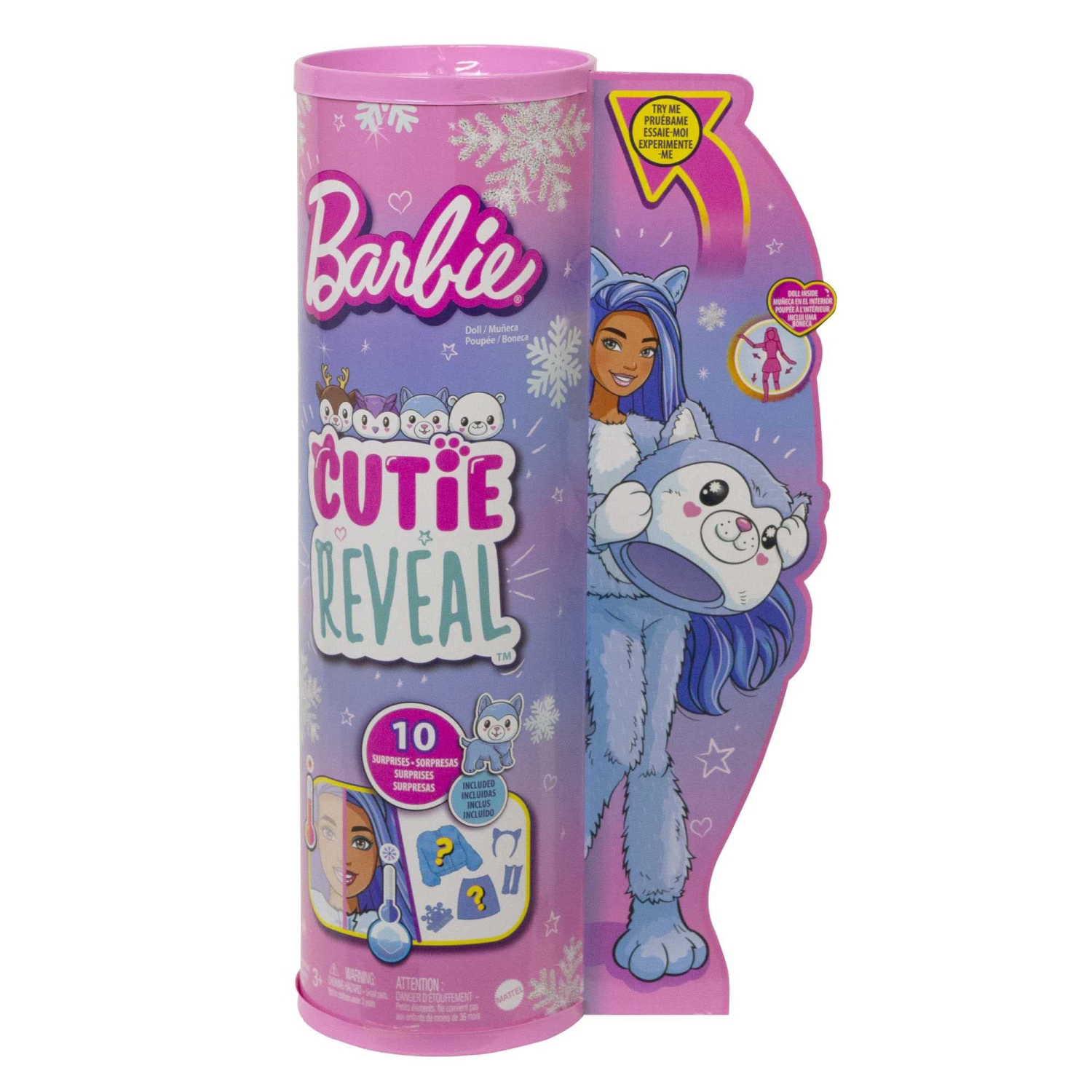 Barbie Cutie Reveal Doll, Snowflake Sparkle Series Husky Plush Costume, 10 Surprises Including Mini Pet & Color Change
