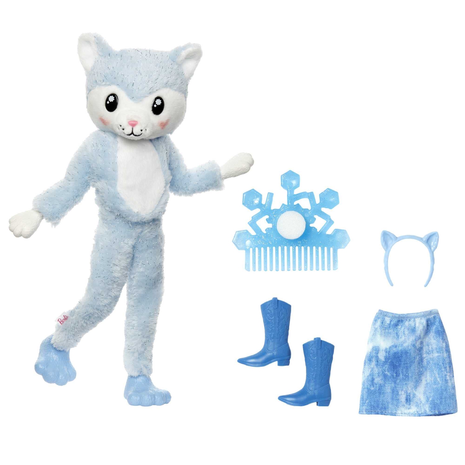 Barbie Cutie Reveal Doll, Snowflake Sparkle Series Husky Plush Costume, 10 Surprises Including Mini Pet & Color Change