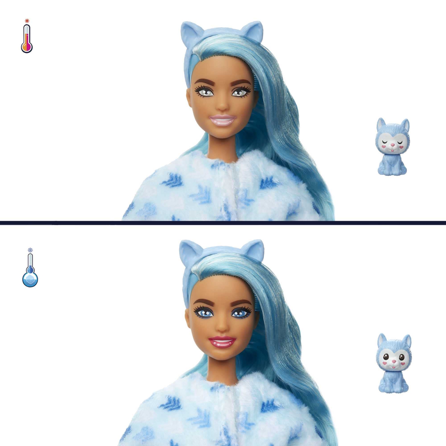 Barbie Cutie Reveal Doll, Snowflake Sparkle Series Husky Plush Costume, 10 Surprises Including Mini Pet & Color Change
