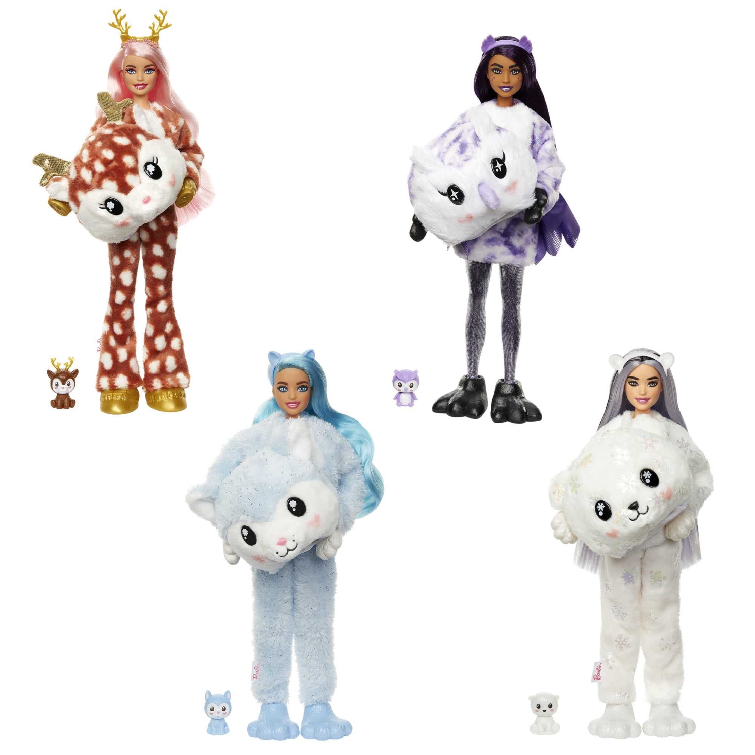 Barbie Cutie Reveal Doll, Snowflake Sparkle Series Husky Plush Costume, 10 Surprises Including Mini Pet & Color Change