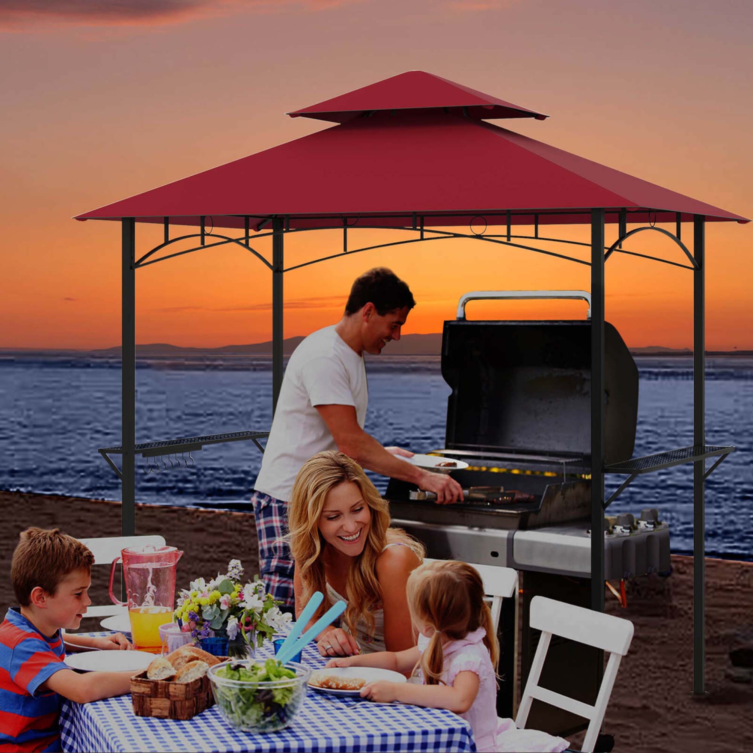 Costway 8' x 5' Grill Gazebo with 2 Shelves 7 Hooks Metal Frame Soft Top