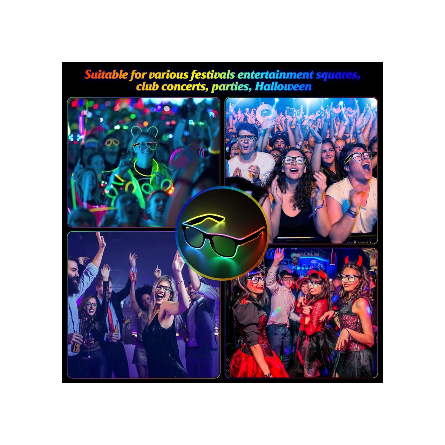 Led Light up Glasses 2 Pack Glow in The Dark Neon Rave Glasses for Rave Party, EDM,