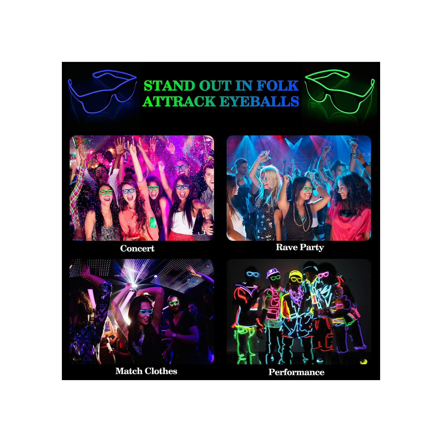Led Light up Glasses 2 Pack Glow in The Dark Neon Rave Glasses for Rave Party, EDM,