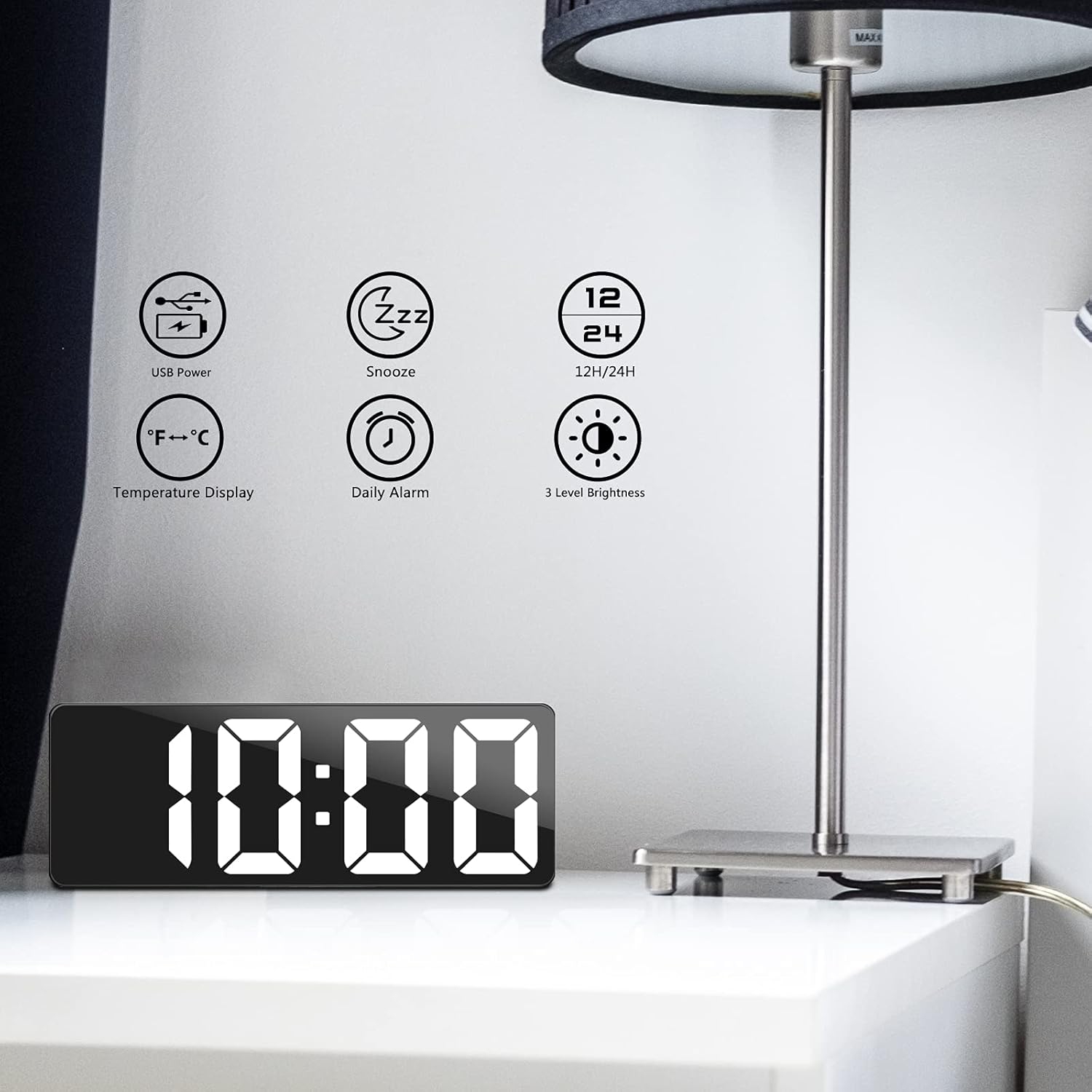SD Alarm Clocks for Bedrooms with Temperature Display, Snooze, LED Time, Adjustable Brightness USB Charger Ports Desk Alarm Clocks for Bedroom Decor