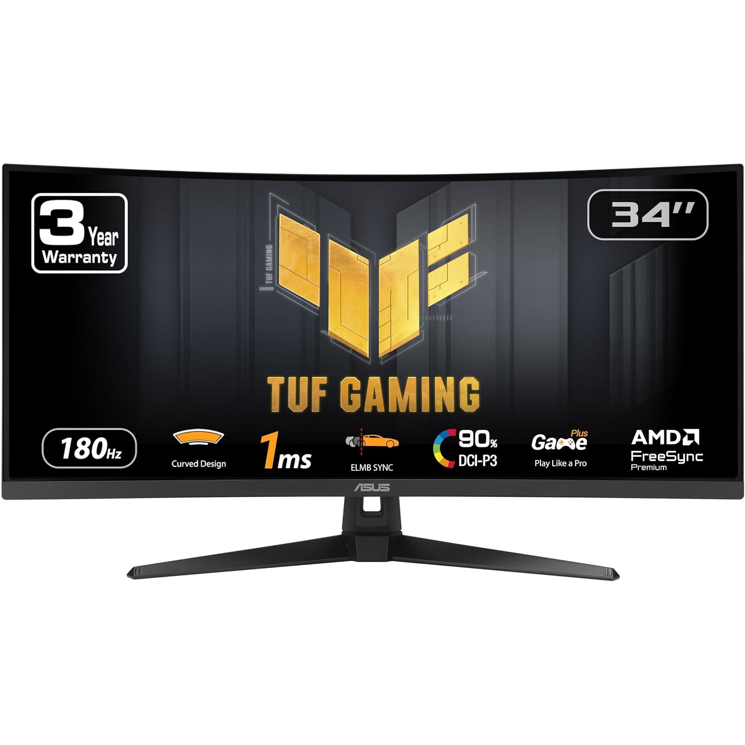 ASUS TUF Gaming 34" Ultra-Wide Curved Monitor (VG34VQ3B) – 21:9 QHD, 180Hz, 1ms, FreeSync Premium, 90% DCI-P3, DisplayWidget Center, Speaker