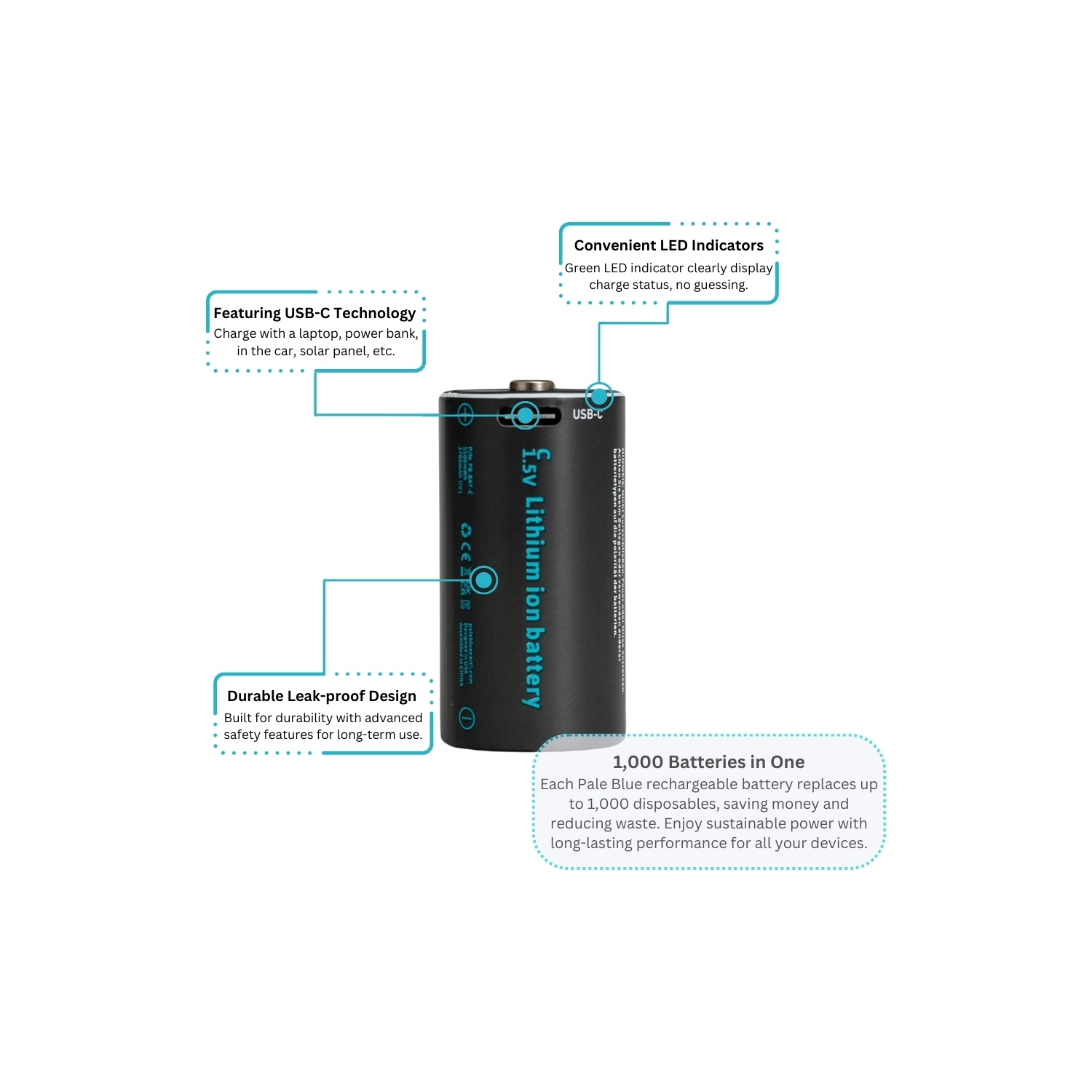 Batteries C rechargeables avec chargeur USB bleu pâle, 2800&nbsp;mAh au lithium-ion 1,5&nbsp;V, recharge rapide en moins de 2 heures, indicateur de