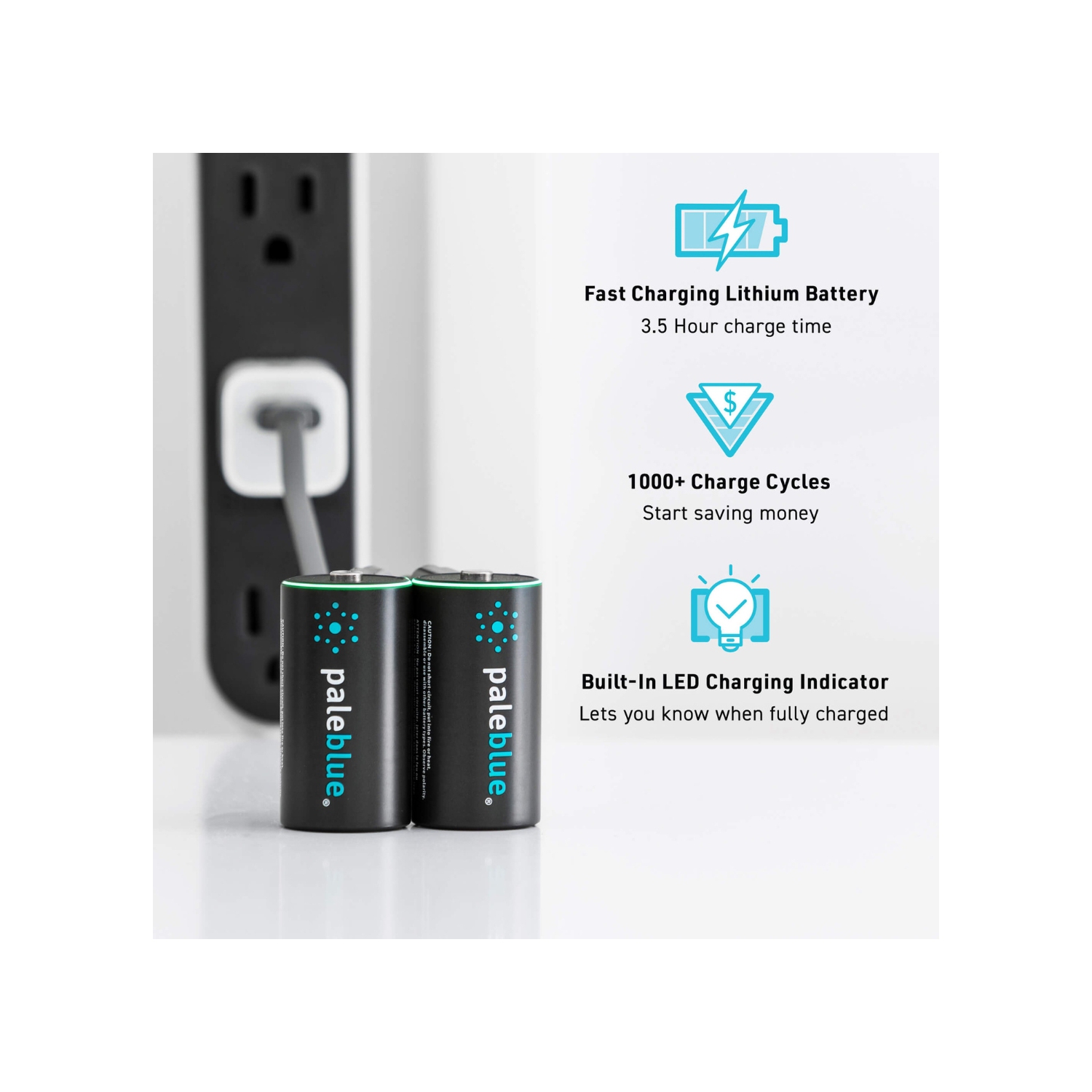 Batteries C rechargeables avec chargeur USB bleu pâle, 2800&nbsp;mAh au lithium-ion 1,5&nbsp;V, recharge rapide en moins de 2 heures, indicateur de