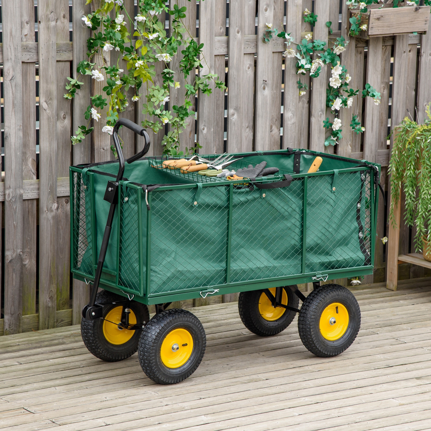 Desserte de jardin en acier Outsunny 342&nbsp;L avec sac Oxford séparé, côtés en filet amovibles pour se convertir en plate-forme, chariot tout usage