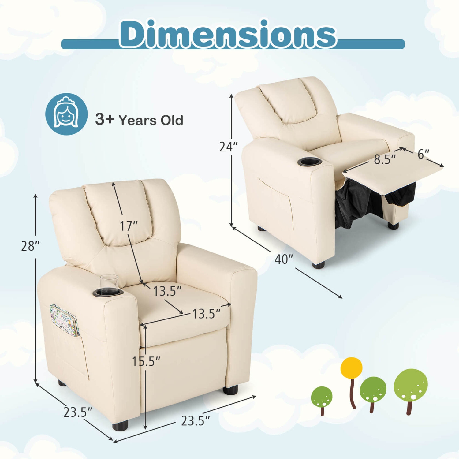 Costway Kids Recliner Chair with Cup Holder & Side Pocket Adjustable Backrest Footrest