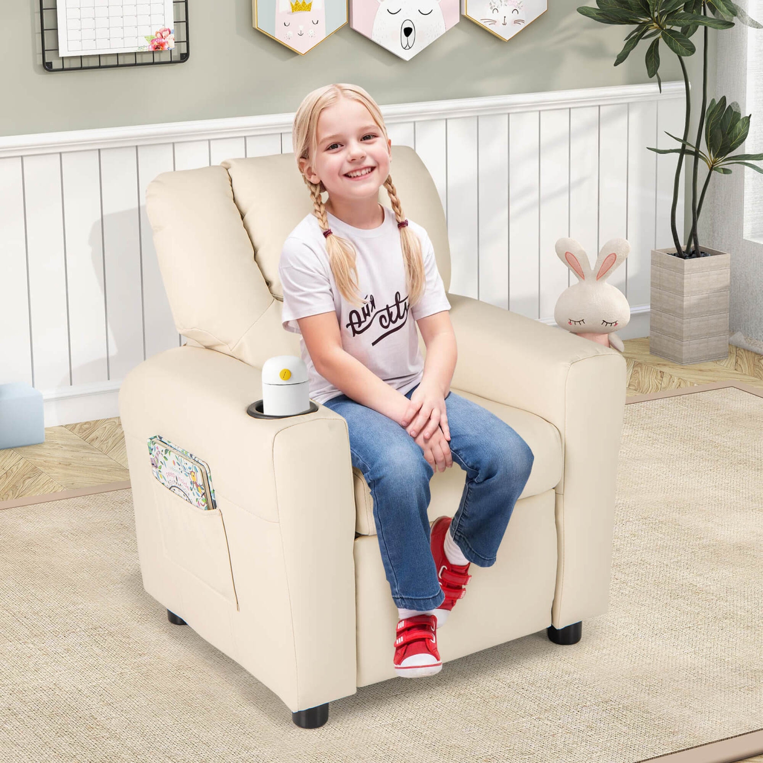 Costway Kids Recliner Chair with Cup Holder & Side Pocket Adjustable Backrest Footrest