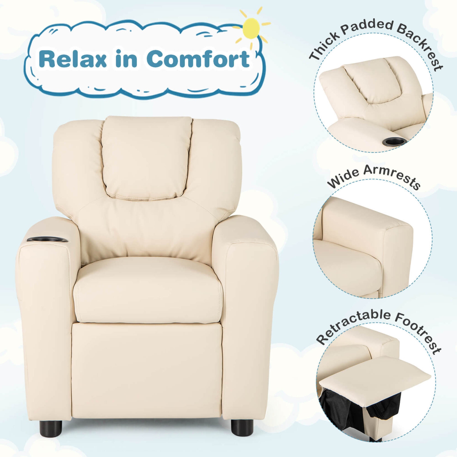 Costway Kids Recliner Chair with Cup Holder & Side Pocket Adjustable Backrest Footrest